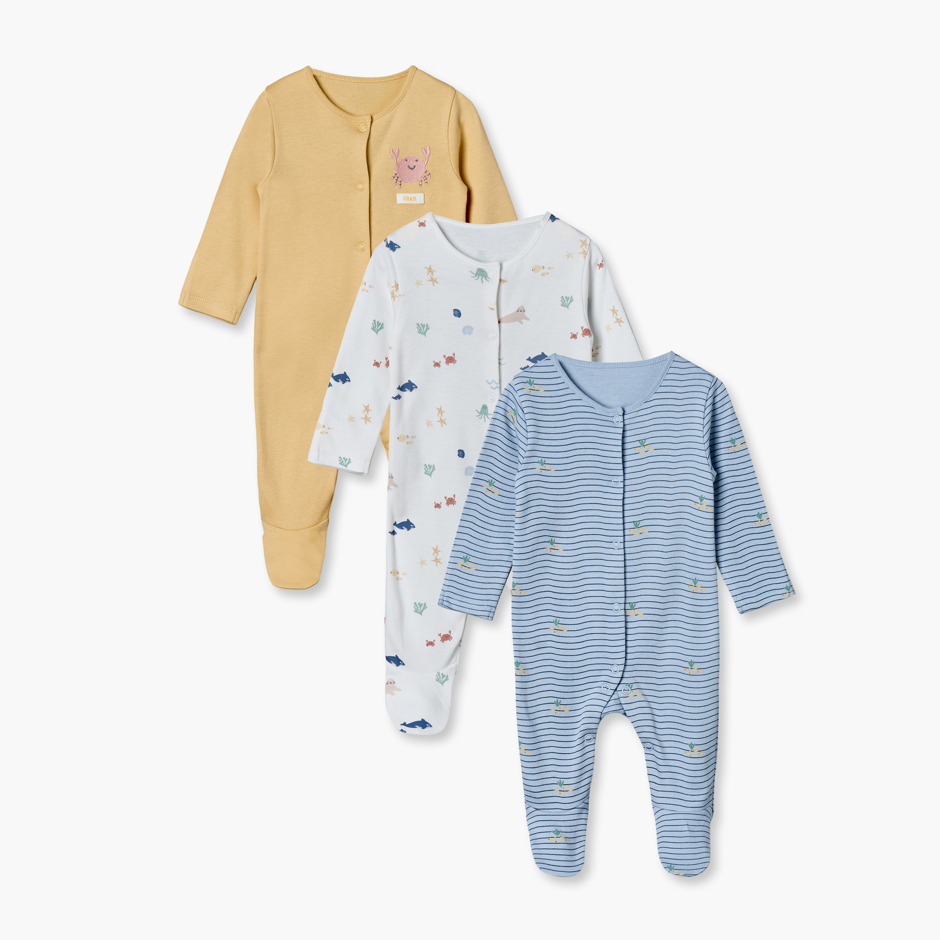 Pack of 3 Juniors Cotton Crew Neck Long Sleeves Sleepsuit with Aquatic Print-baby-boys-clothing-nightwear-sleepsuits-image-1