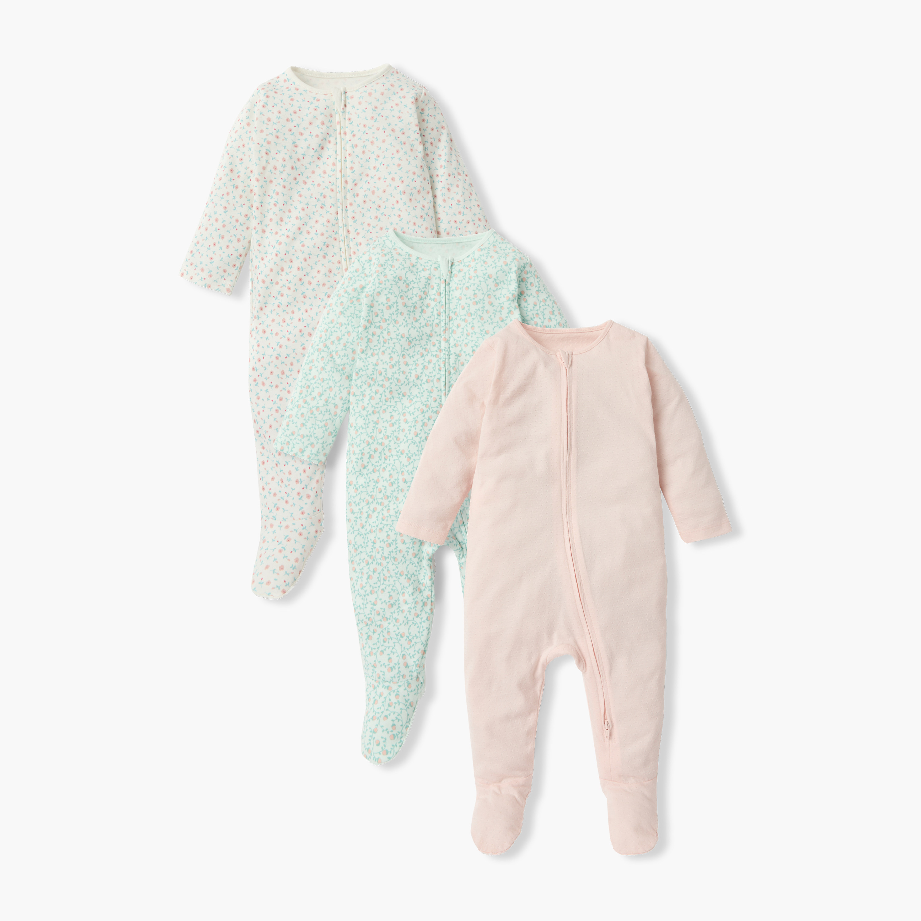 Juniors Printed Sleepsuit with Zip Closure and Long Sleeves - Set of 3-baby-girls-clothing-nightwear-sleepsuits-image-1