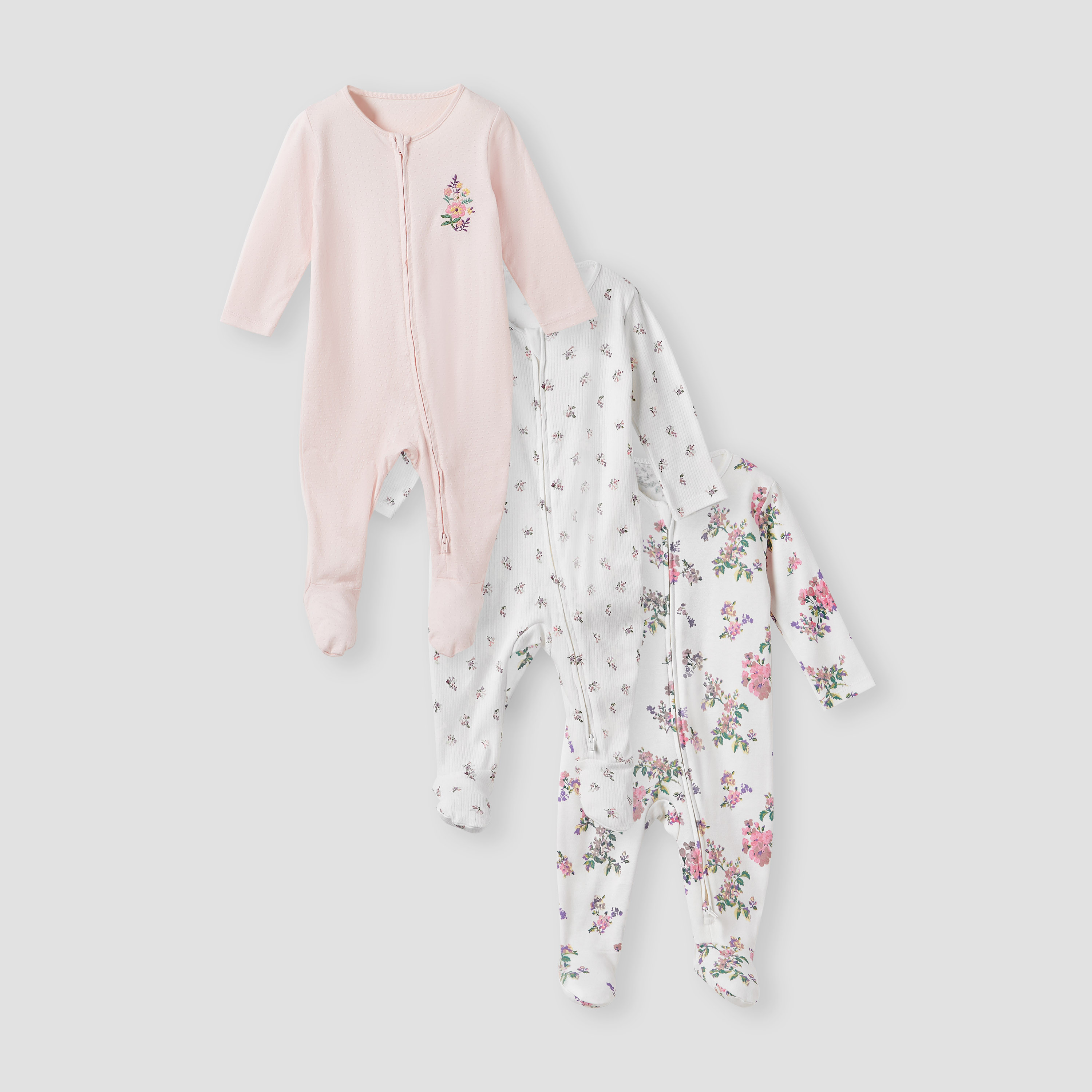 Juniors Floral Print Sleepsuit with Zip Closure - Set of 3-baby-girls-clothing-nightwear-sleepsuits-image-1