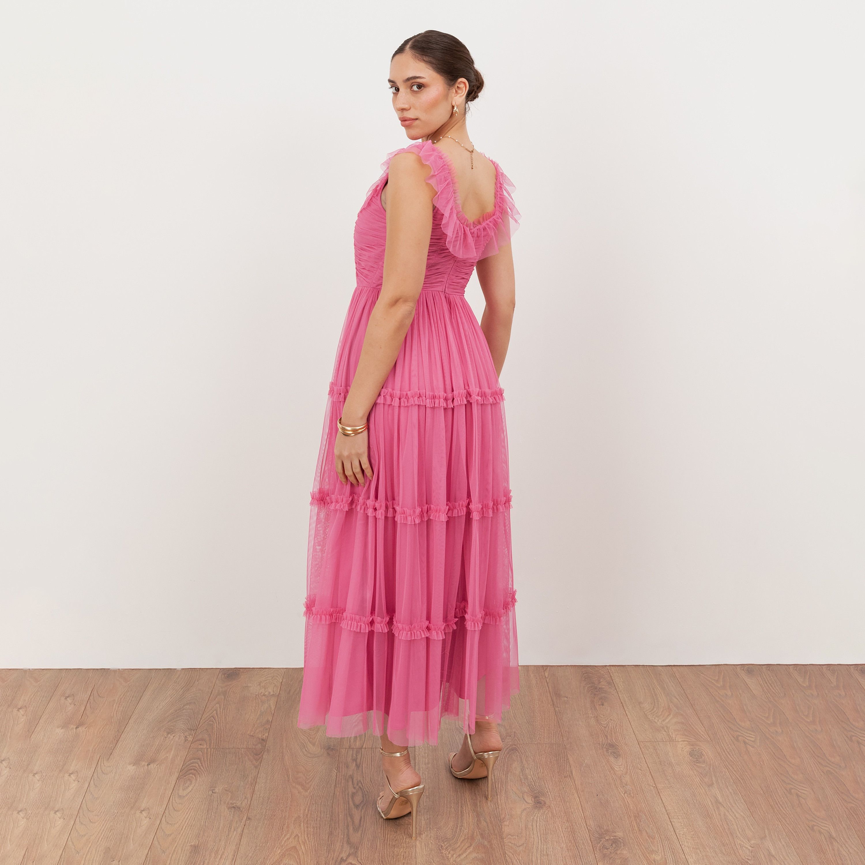 Anaya With Love Recycled Honeysuckle Pink Tulle Square Neck Tiered Women's Maxi Dress-women-clothing-dresses-image-2