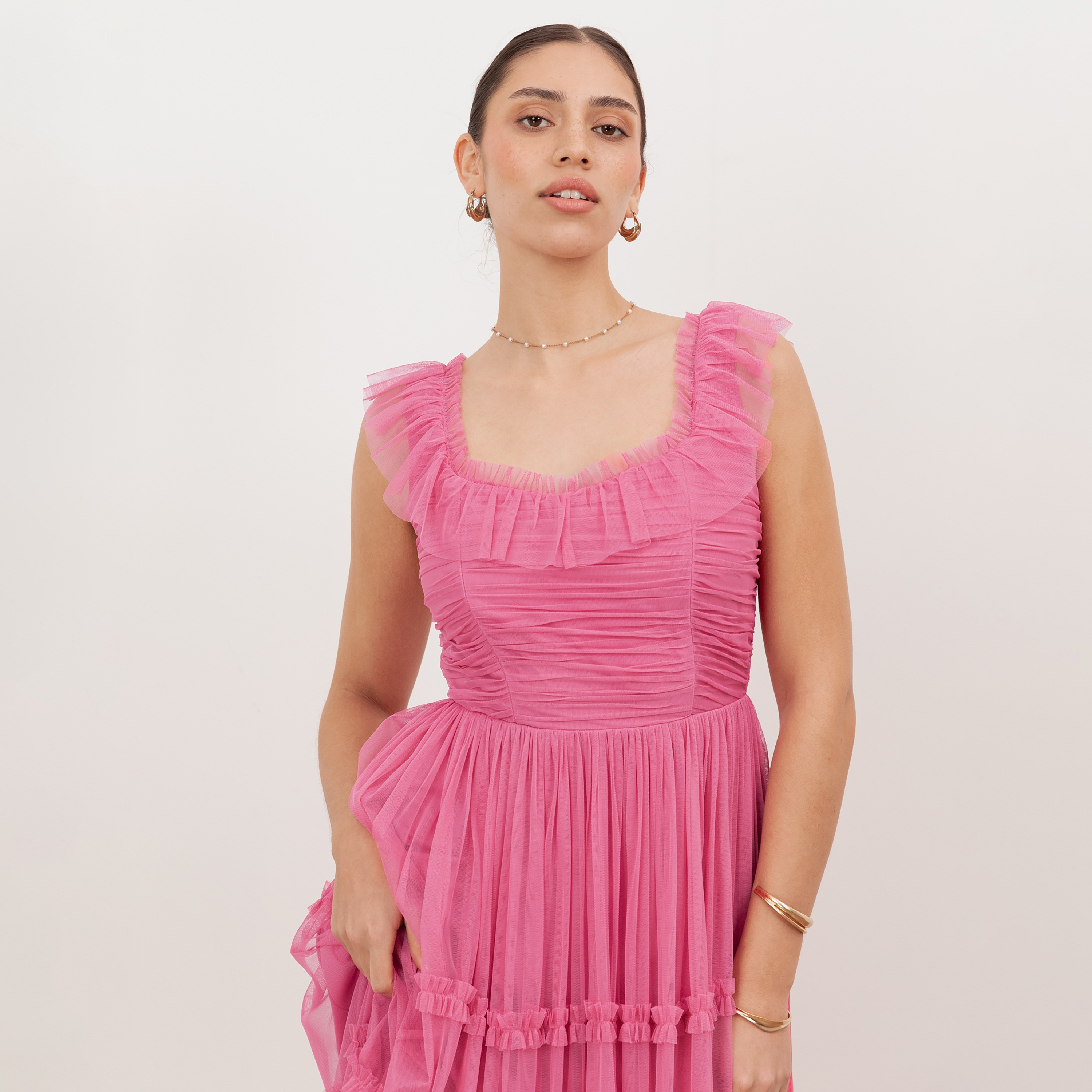 Anaya With Love Recycled Honeysuckle Pink Tulle Square Neck Tiered Women's Maxi Dress-women-clothing-dresses-image-3