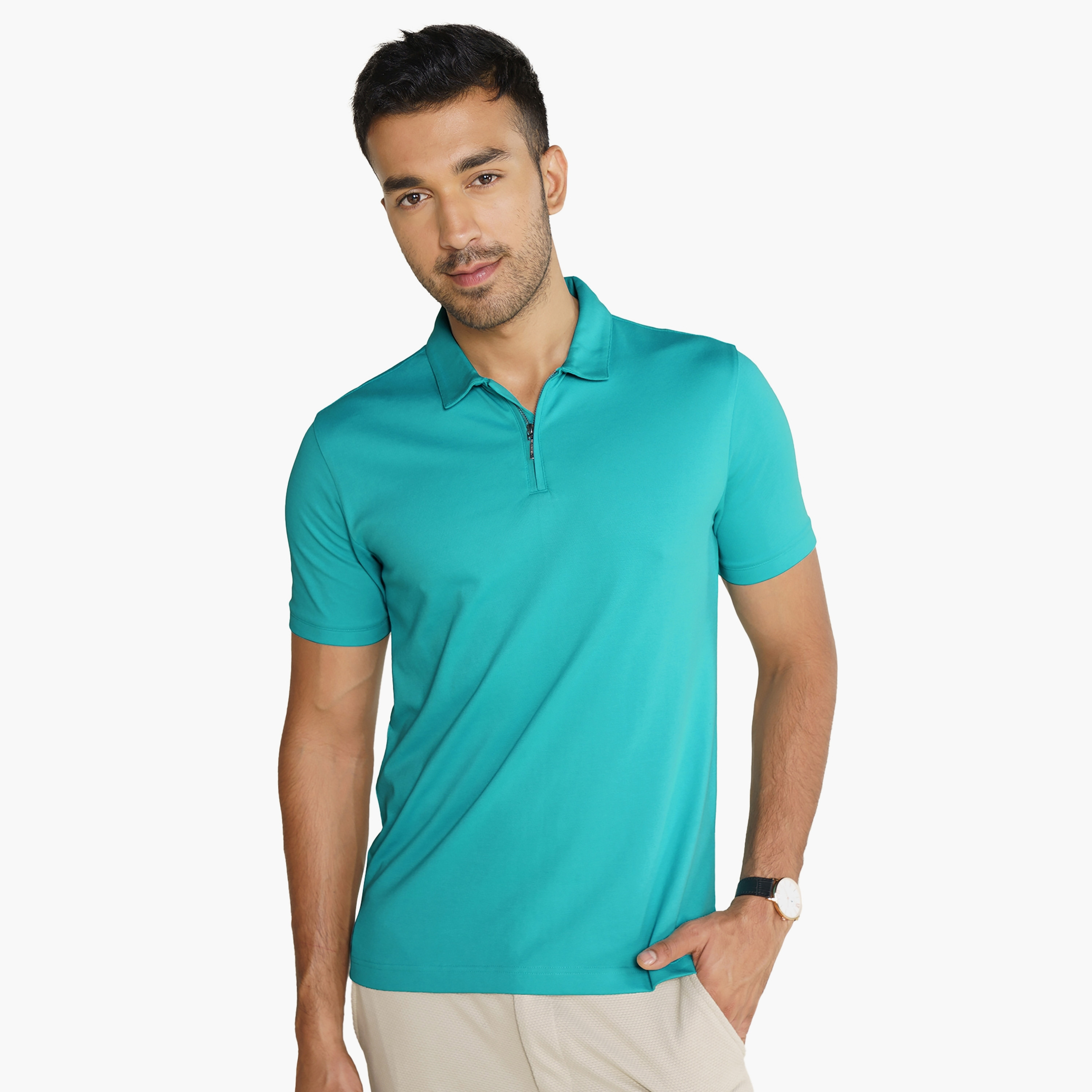 تي شيرت بولو من دامنش بياقة عادية وأكمام قصيرة بنصف سحاب-men-clothing-tshirtsandpolos-polos-image-1