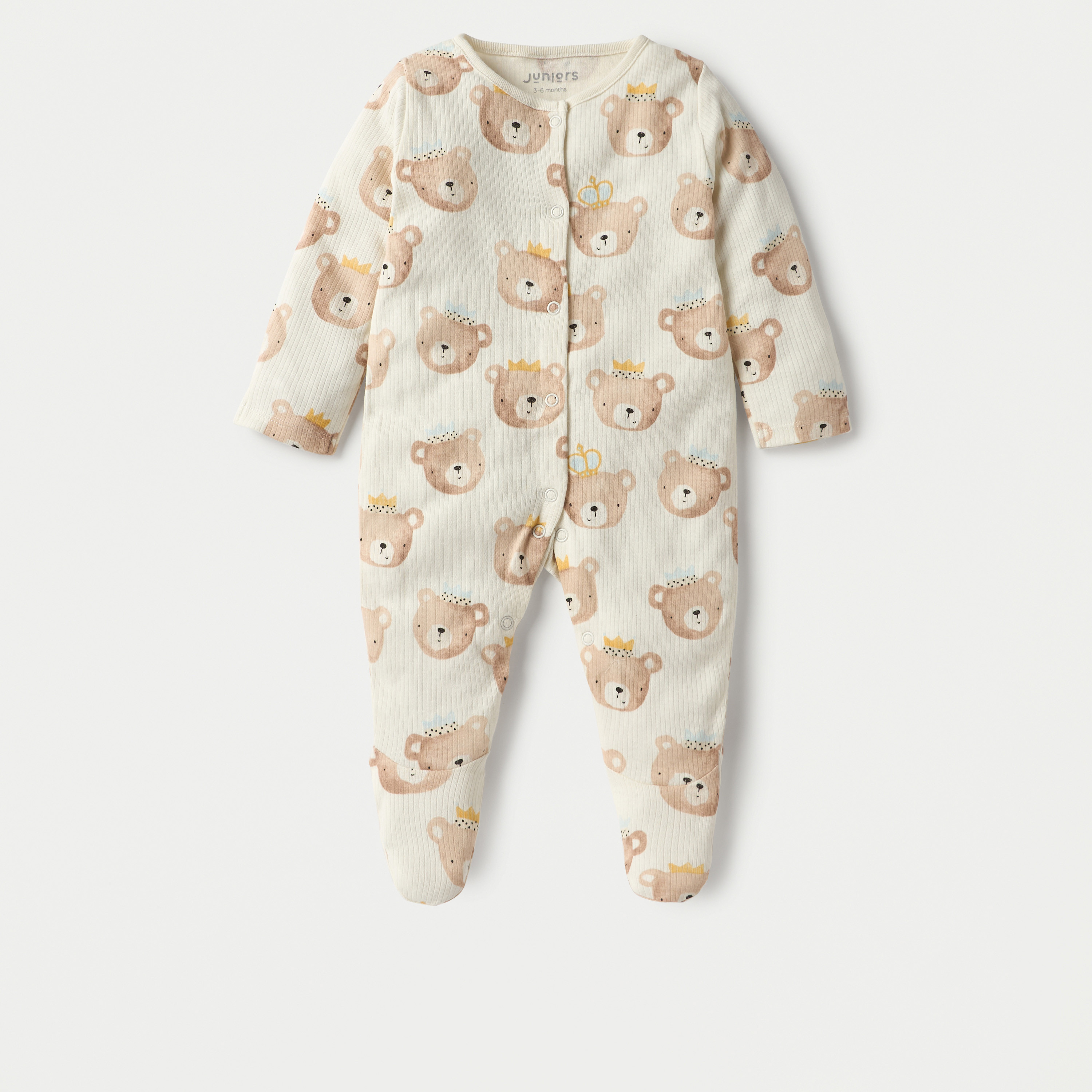 Juniors Bear Print Closed Feet Sleepsuit with Long Sleeves and Button Closure-baby-boys-clothing-nightwear-sleepsuits-image-1