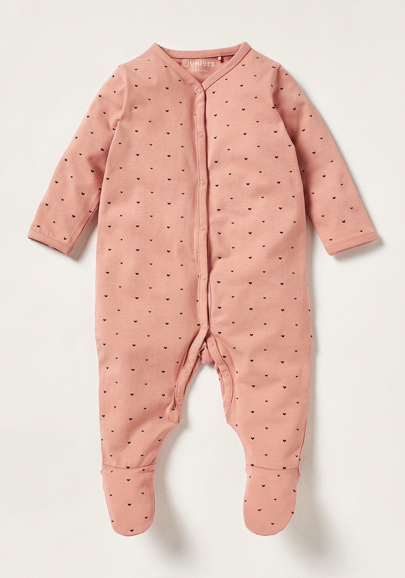 Juniors Heart Print Sleepsuit with Long Sleeves and Button Closure-Sleepsuits-image-0