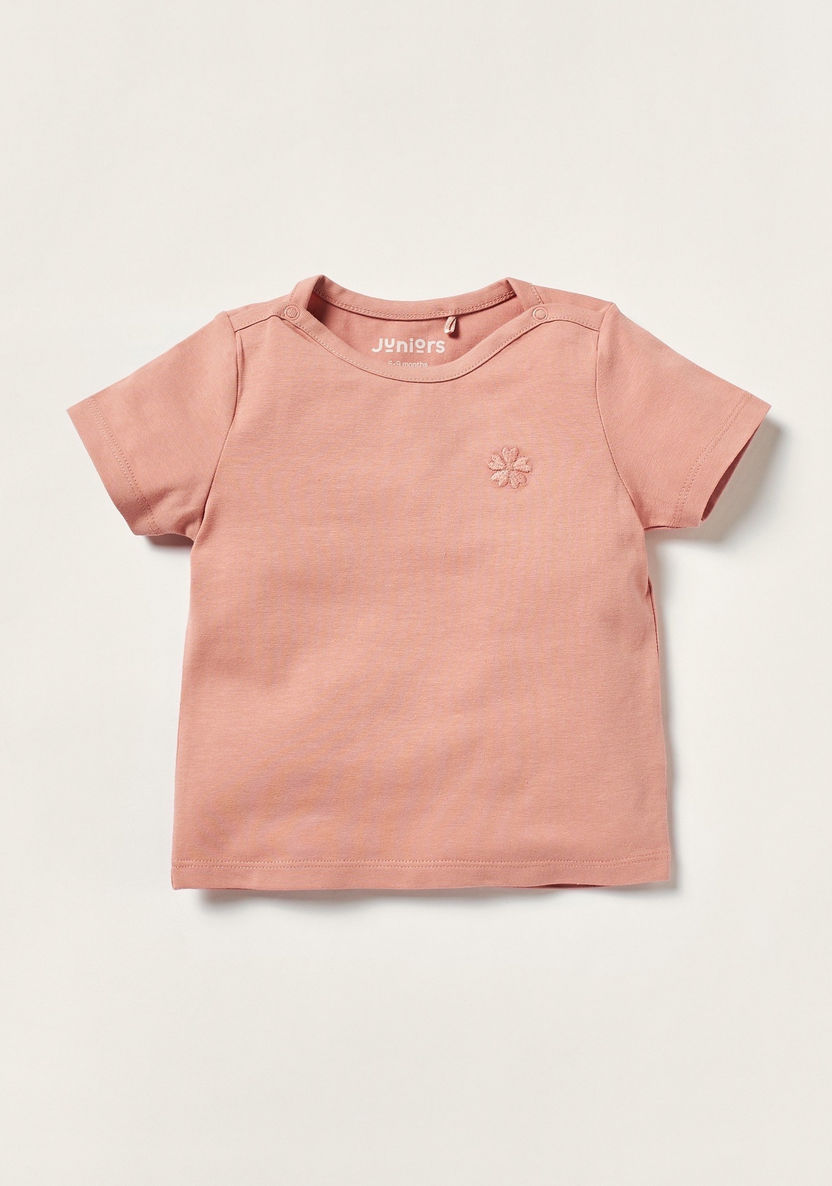 Juniors Embroidered T-shirt with Short Sleeves and Snap Button Closure-T Shirts-image-0