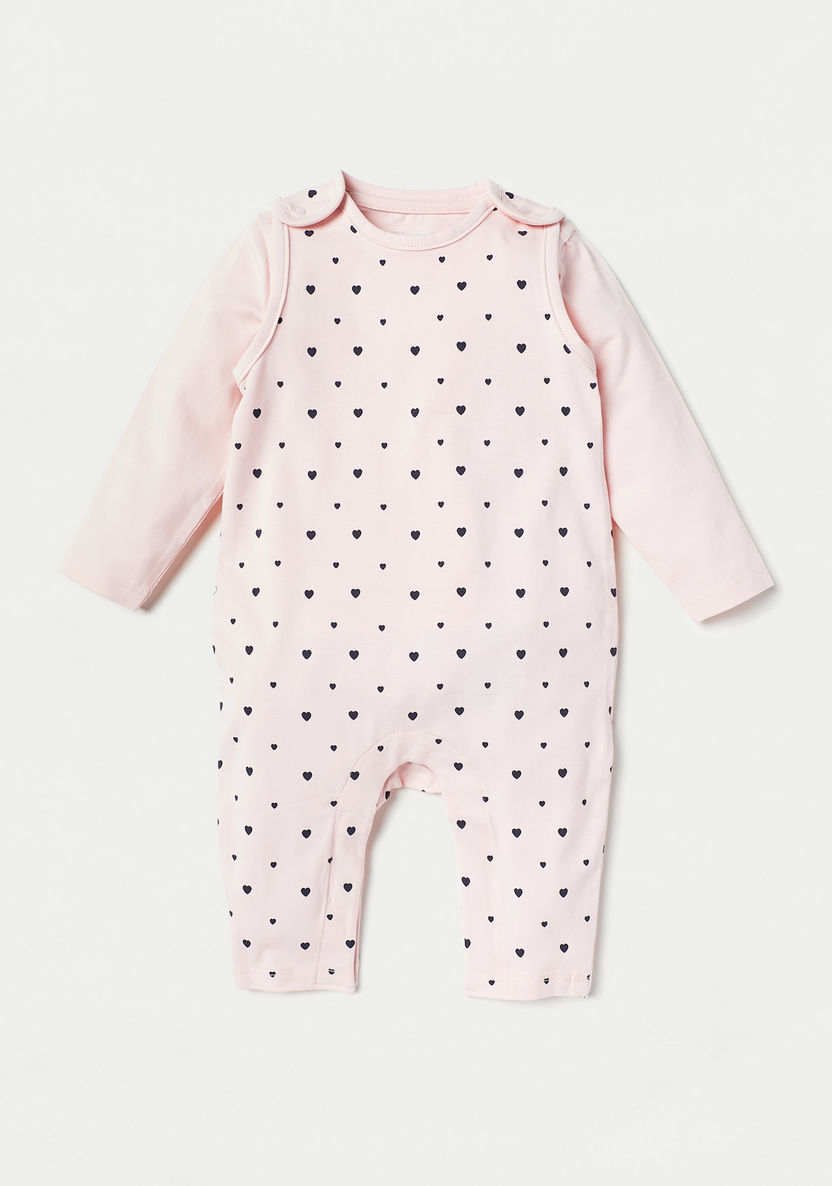 Juniors Heart Print Dungaree and Solid T-shirt Set-Rompers%2C Dungarees and Jumpsuits-image-0