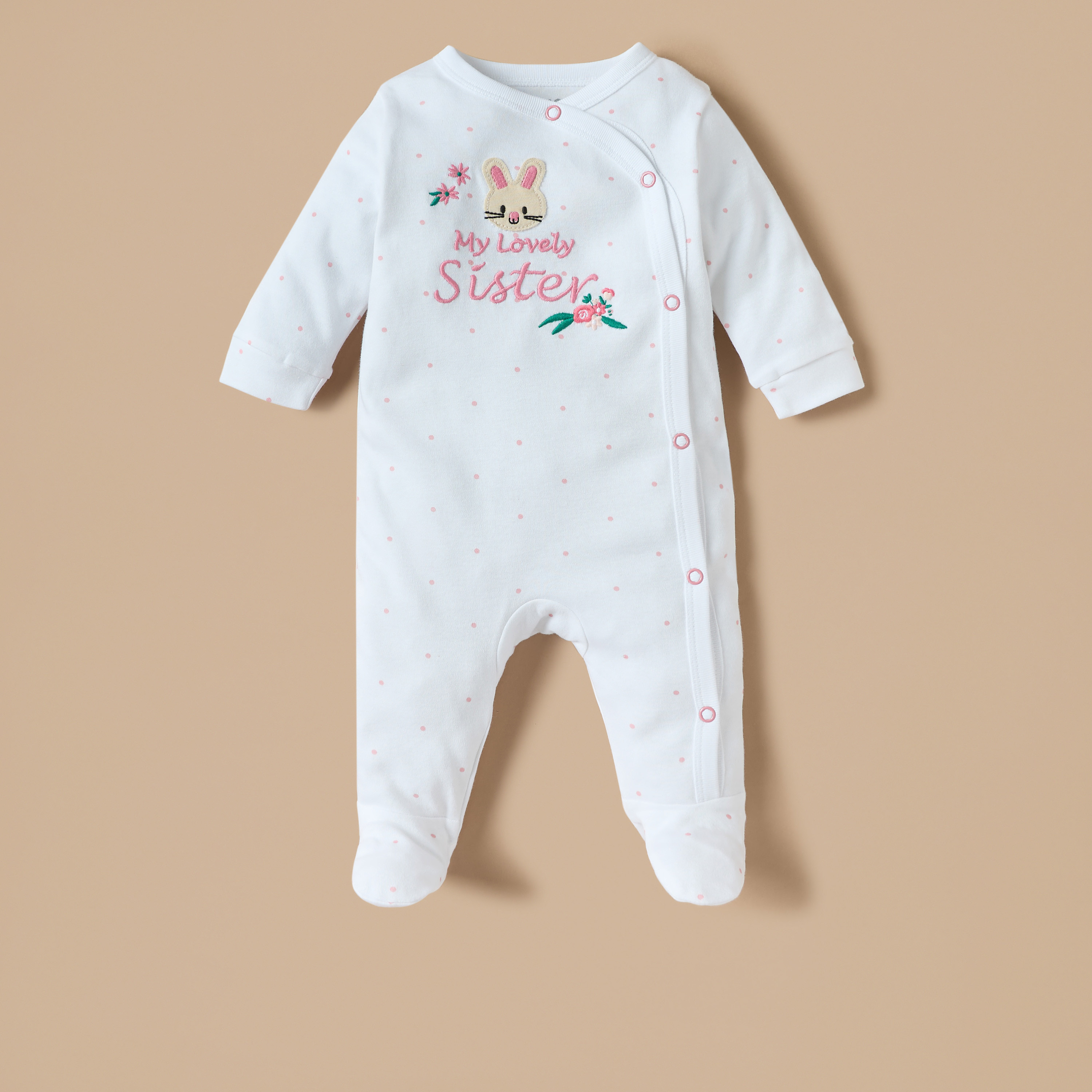 Juniors Embroidered Closed Feet Sleepsuit with Button Closure-baby-girls-clothing-nightwear-sleepsuits-image-1