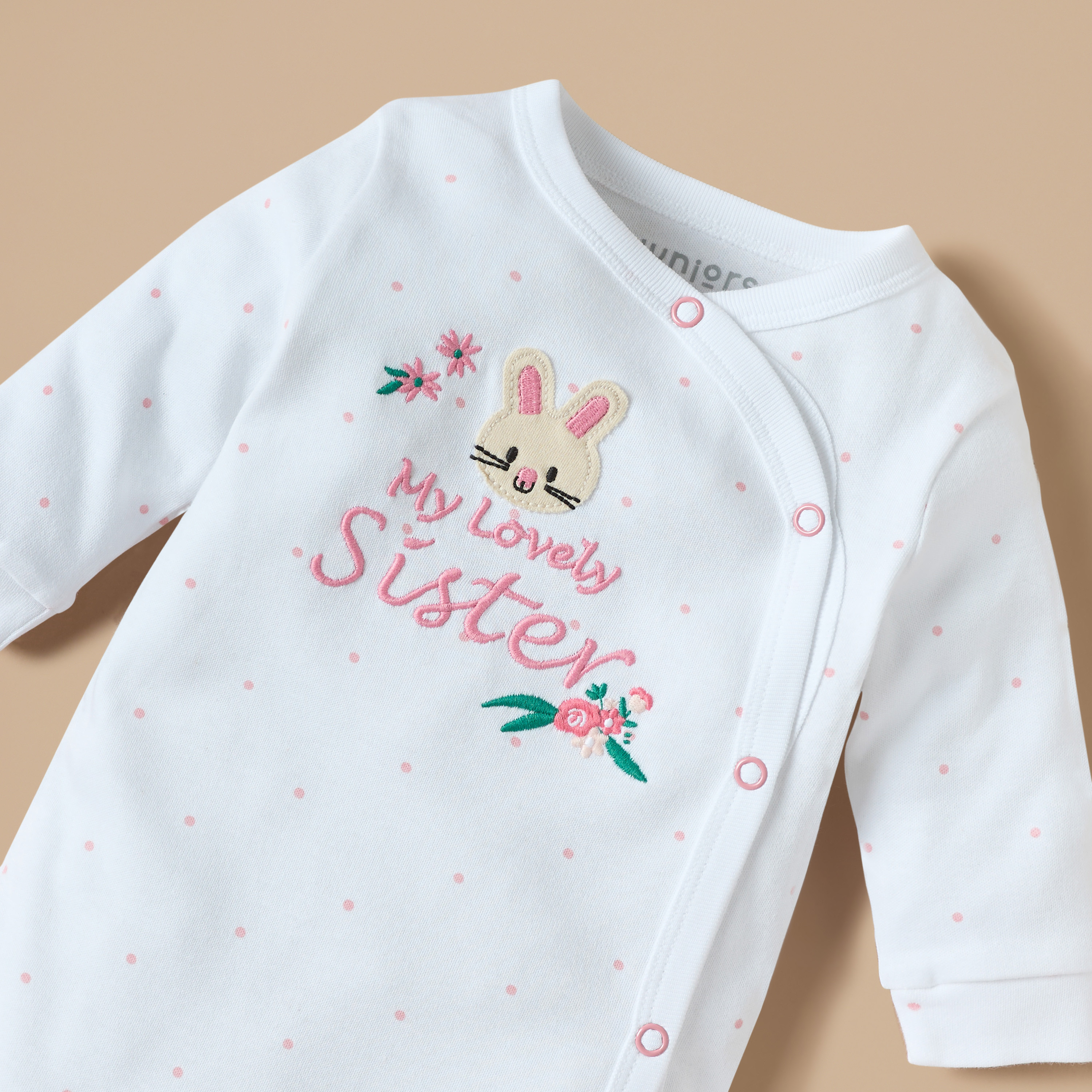 Juniors Embroidered Closed Feet Sleepsuit with Button Closure-baby-girls-clothing-nightwear-sleepsuits-image-2