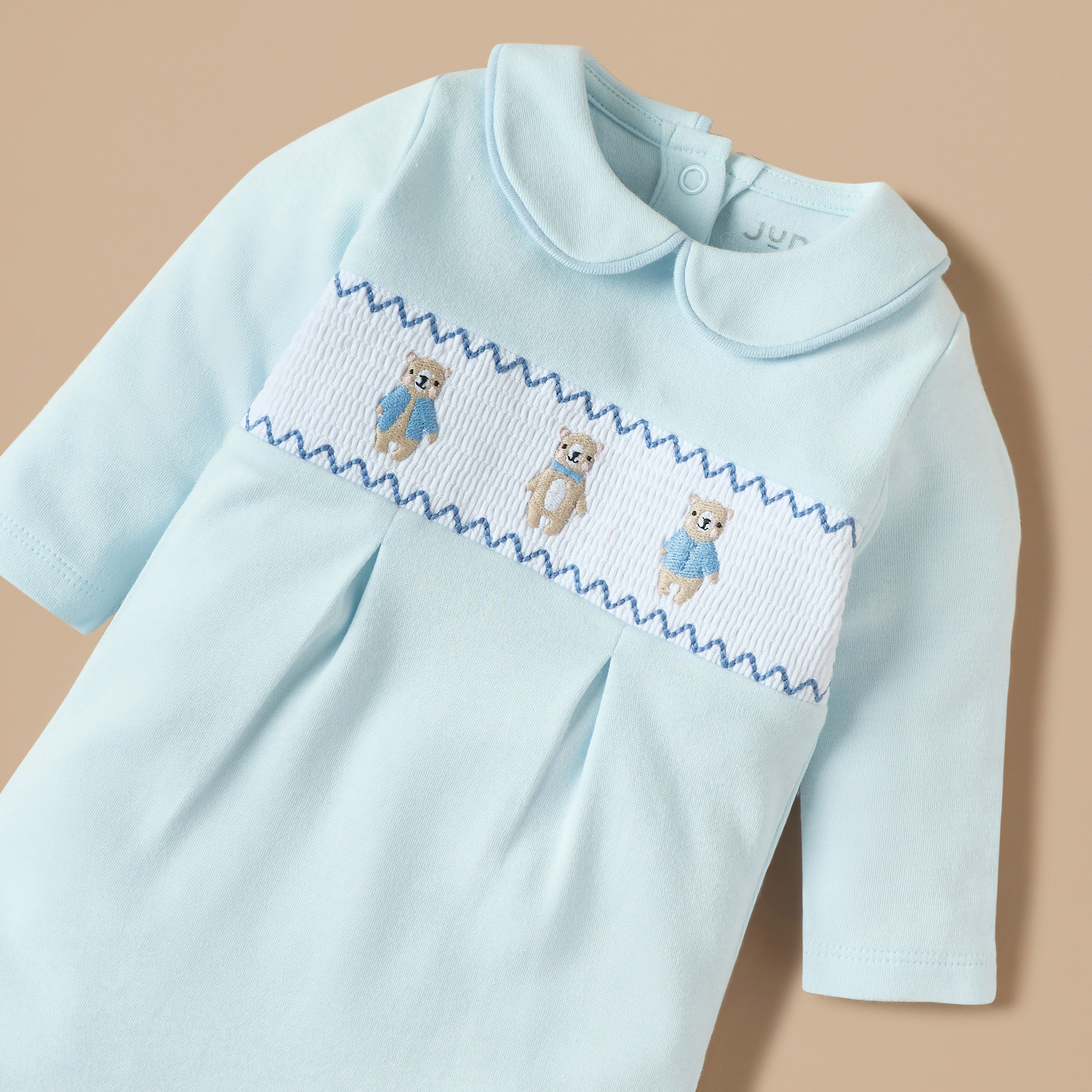 Juniors Embroidered Closed Feet Sleepsuit with Smocked Detail-baby-boys-clothing-nightwear-sleepsuits-image-2