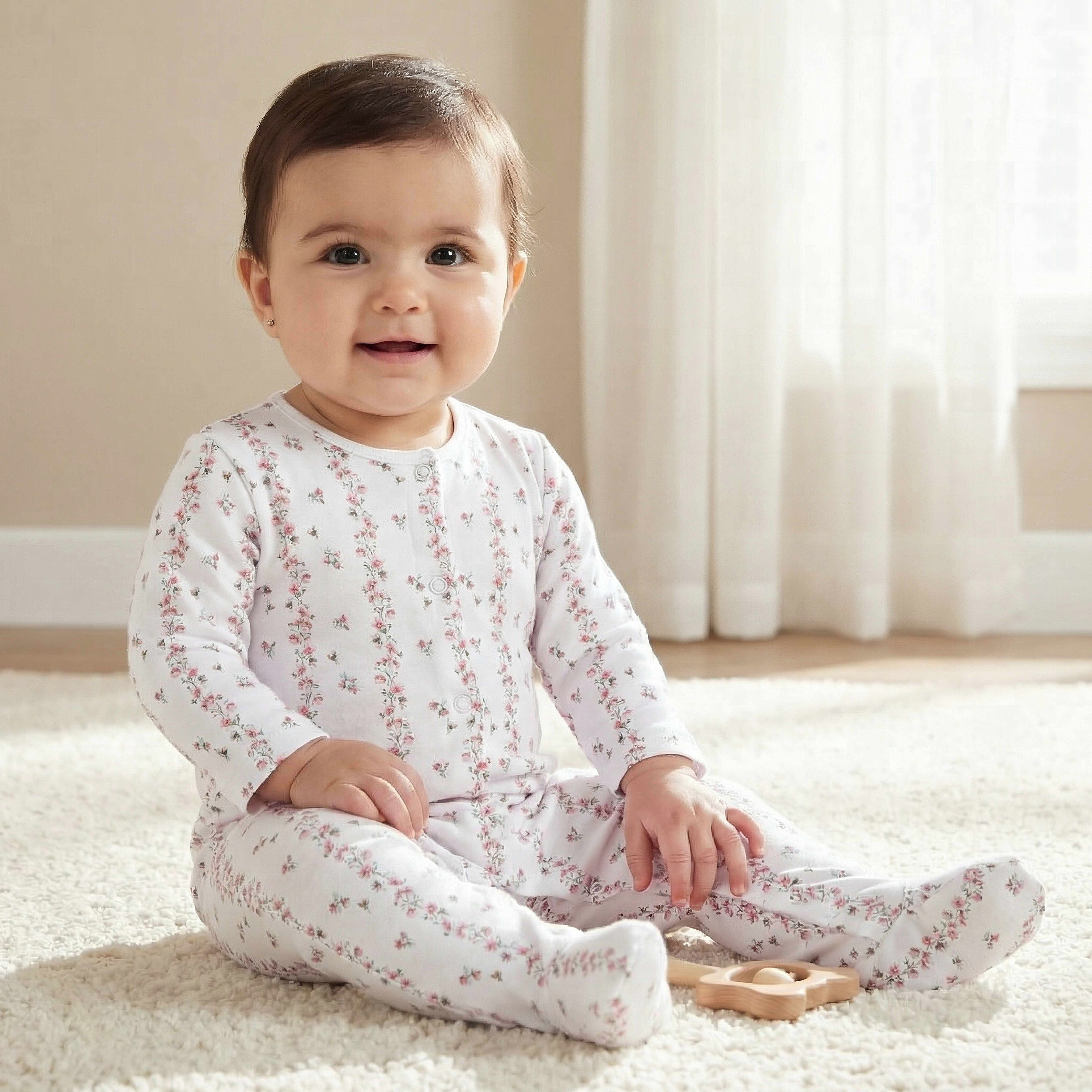 Juniors Cotton Round Neck Long Sleeves Sleepsuit with Floral Print-baby-girls-clothing-nightwear-sleepsuits-image-1