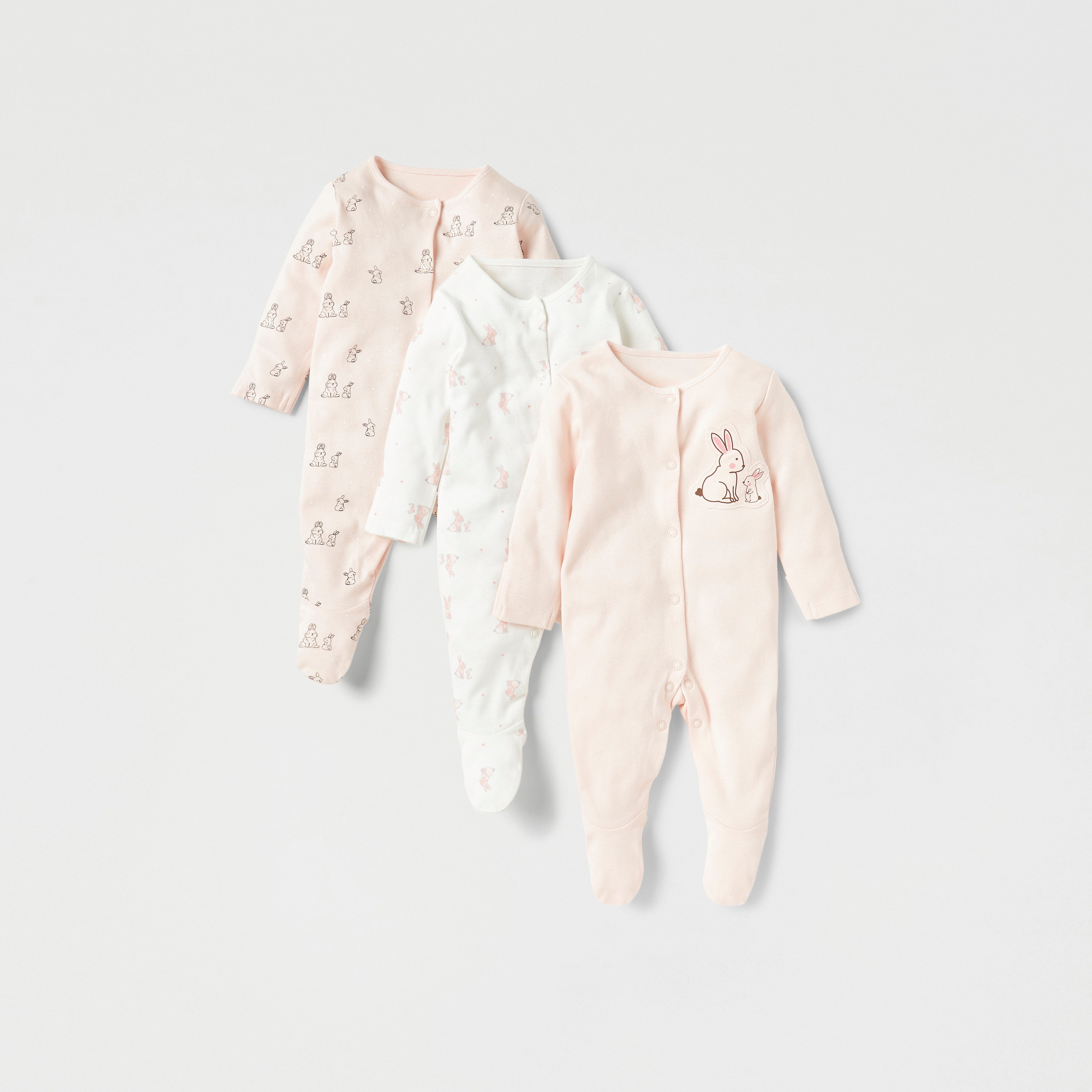 Juniors Bunny Print Closed Feet Sleepsuit - Set of 3-baby-girls-clothing-nightwear-sleepsuits-image-1