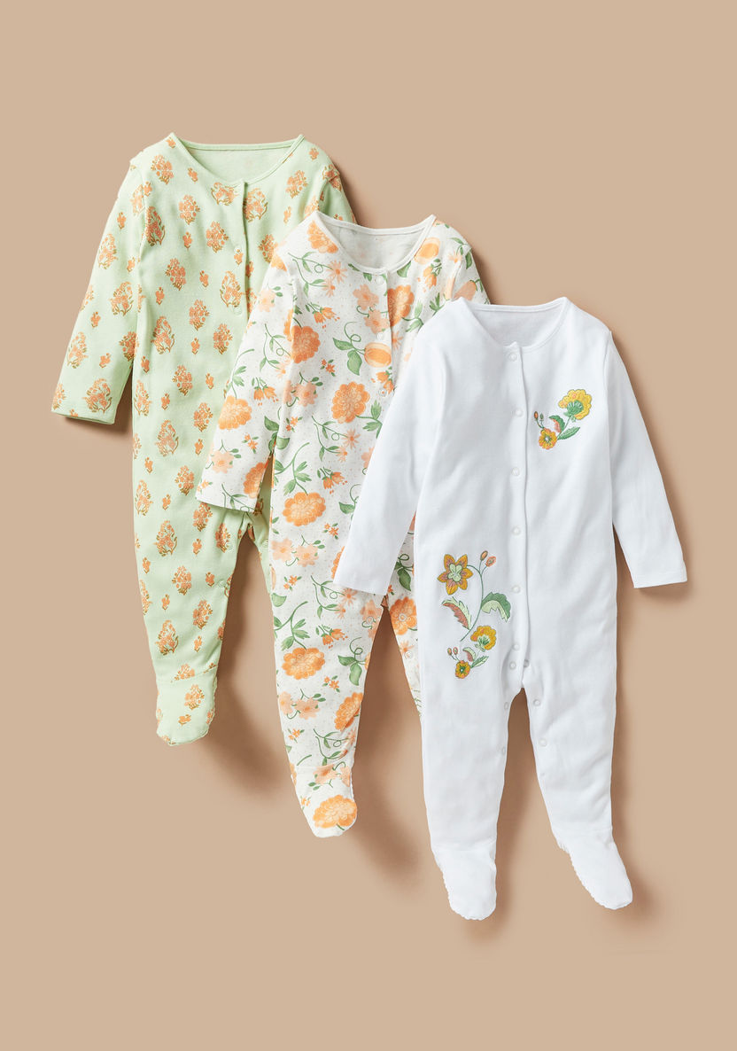 Juniors Floral Print Closed Feet Sleepsuit - Set of 3-Sleepsuits-image-0