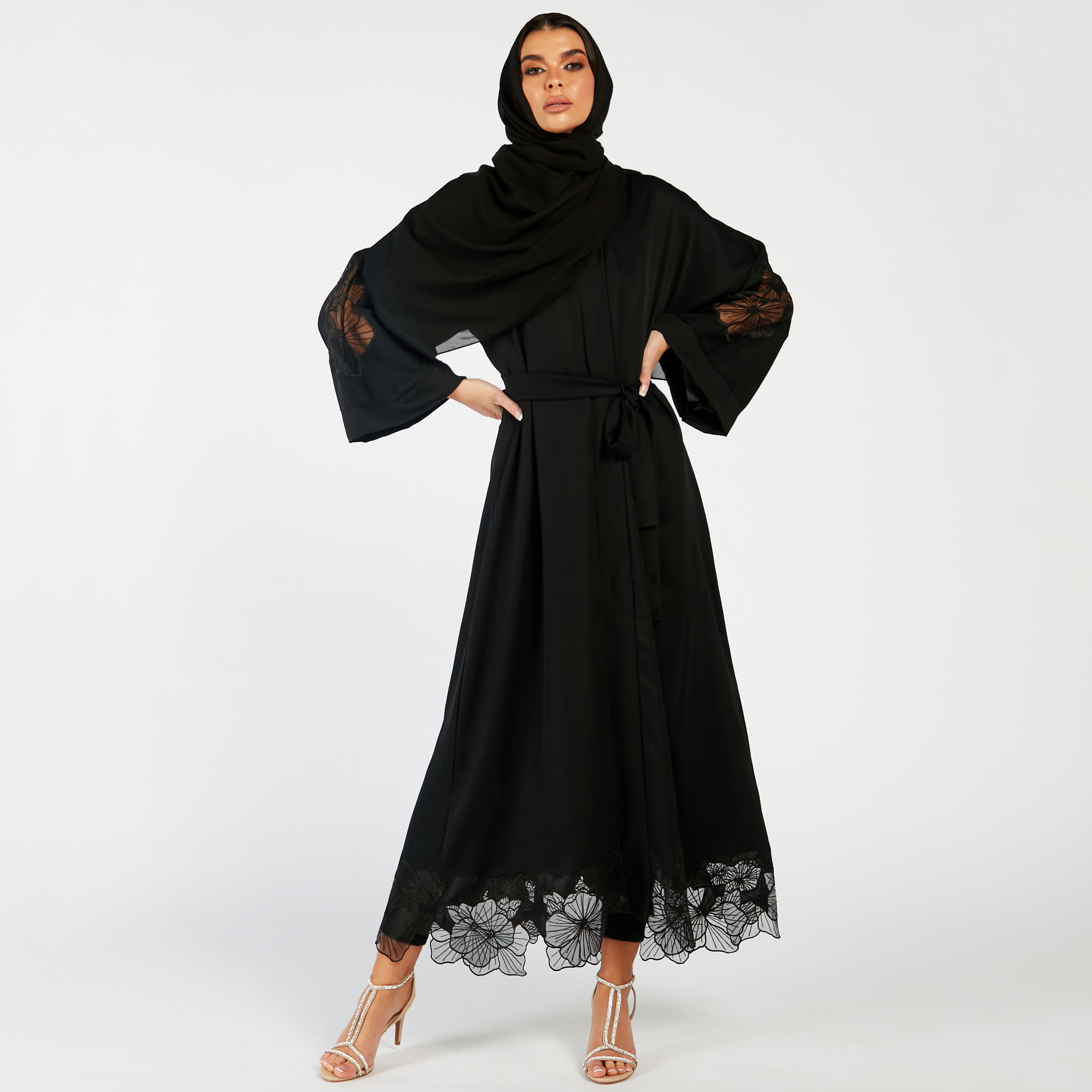 Nukhbaa Floral Lace Abaya and Hijab Set-women-arabicclothing-abayas-image-1