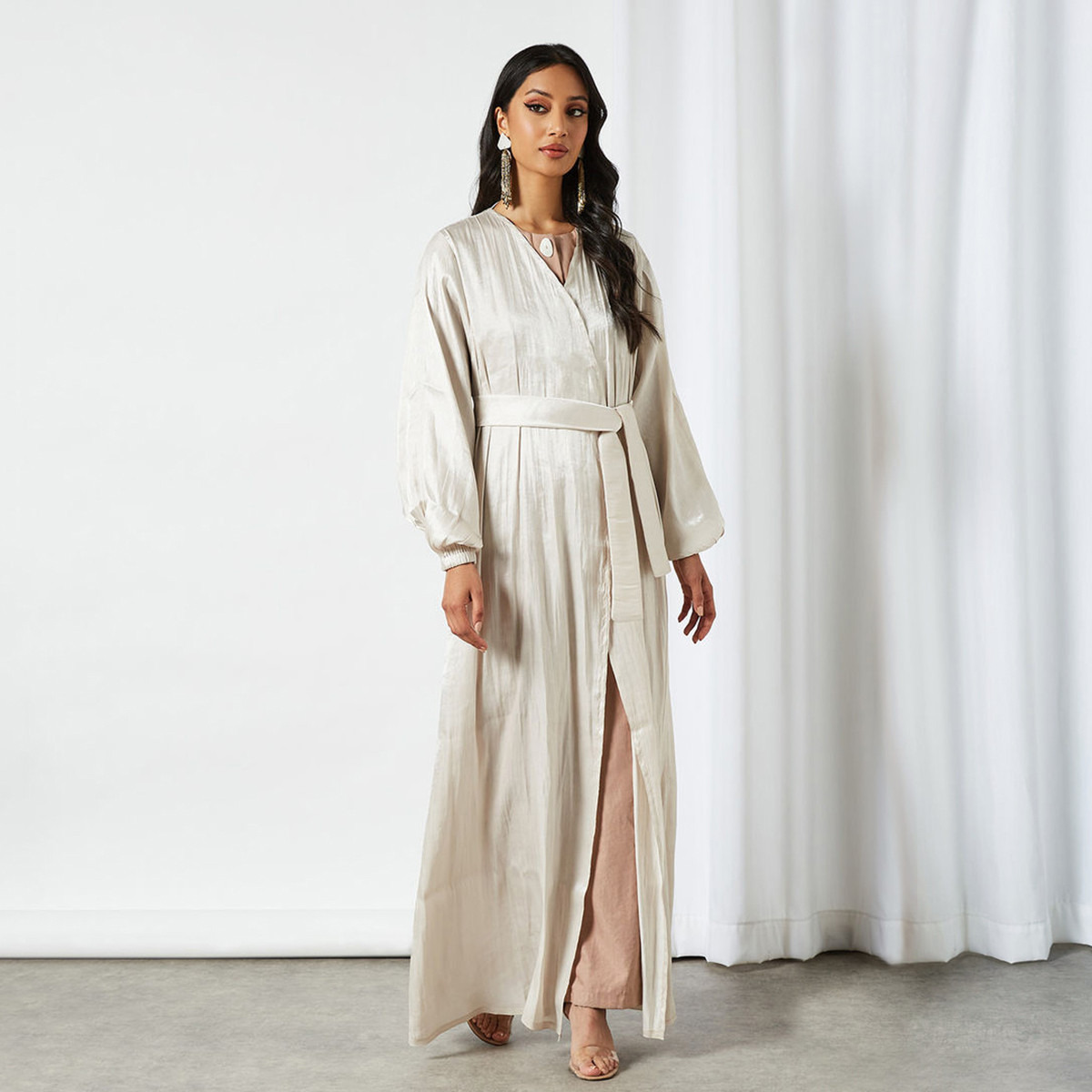 Nukhbaa Solid Front Open Abaya with Tie-Up Belt-women-arabicclothing-abayas-image-1