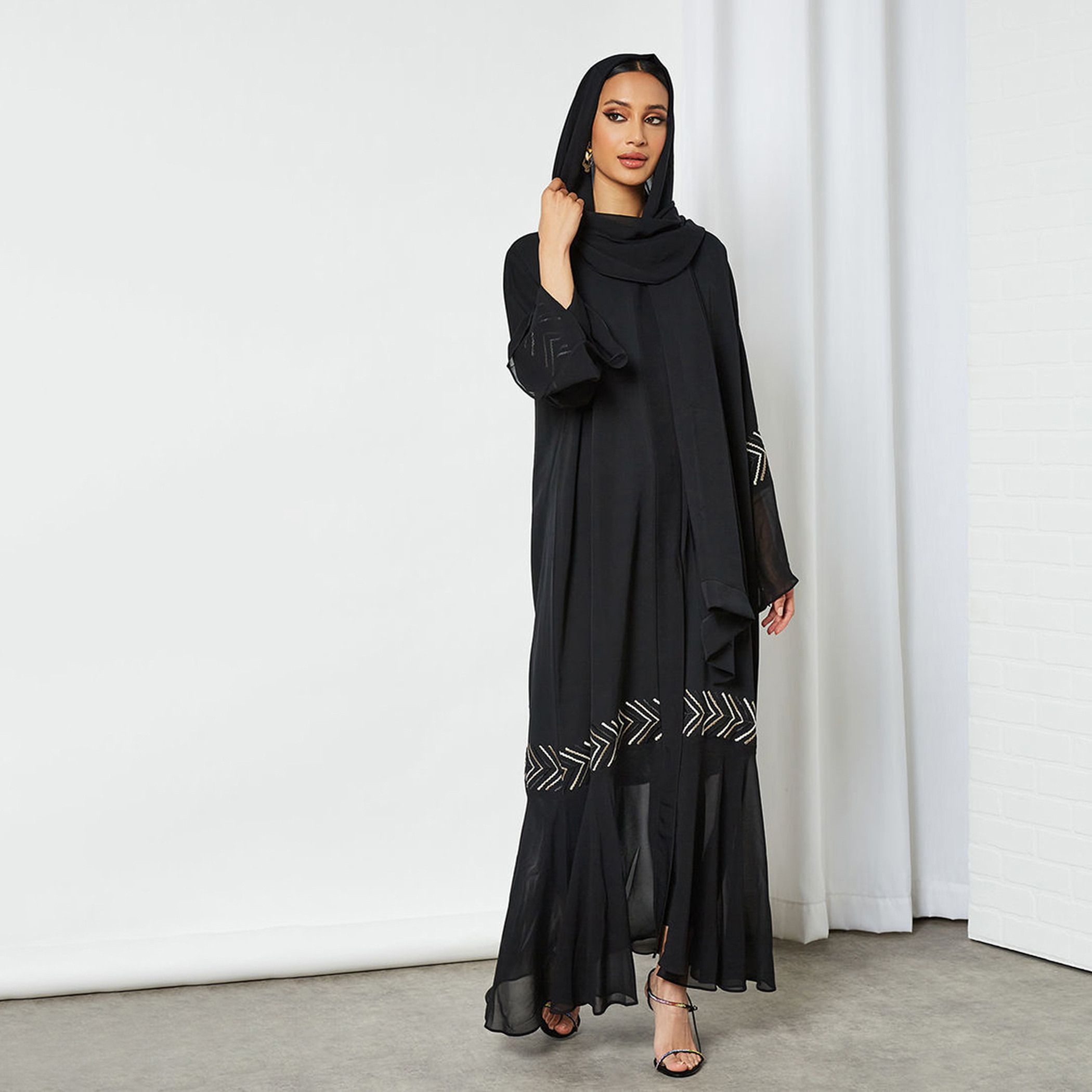 Nukhbaa Embroidered Abaya with Flared Sleeves and Hijab-women-arabicclothing-abayas-image-1