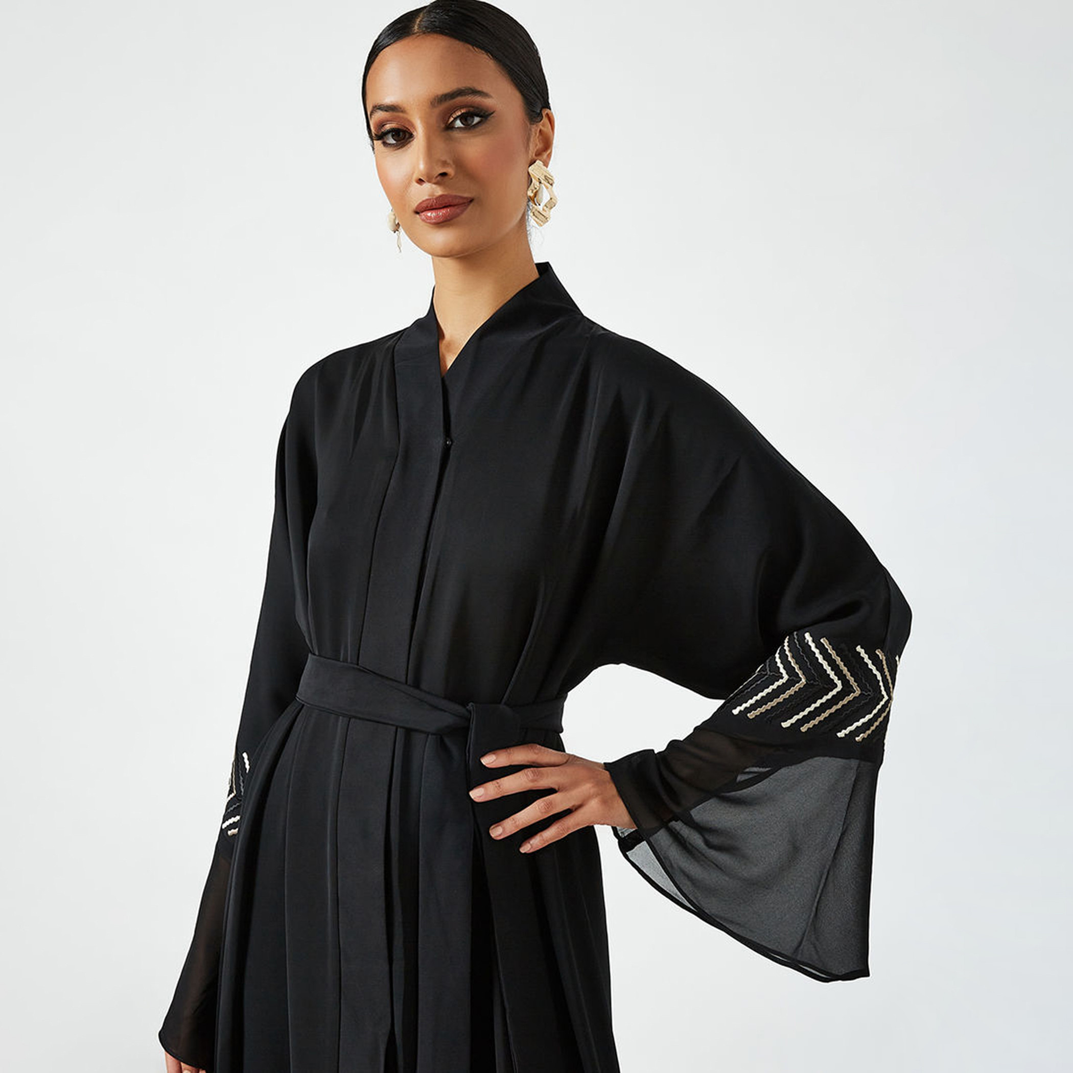 Nukhbaa Embroidered Abaya with Flared Sleeves and Hijab-women-arabicclothing-abayas-image-4