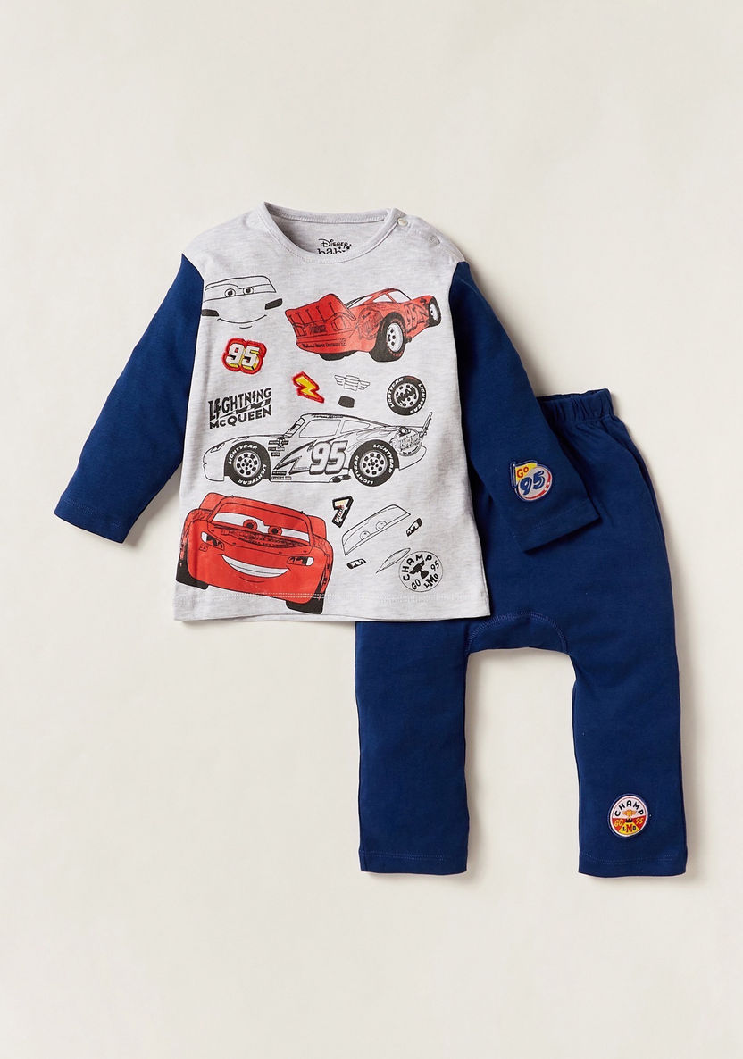Disney Cars Print Round Neck T-shirt and Full Length Pyjamas - Set of 2-Pyjama Sets-image-1