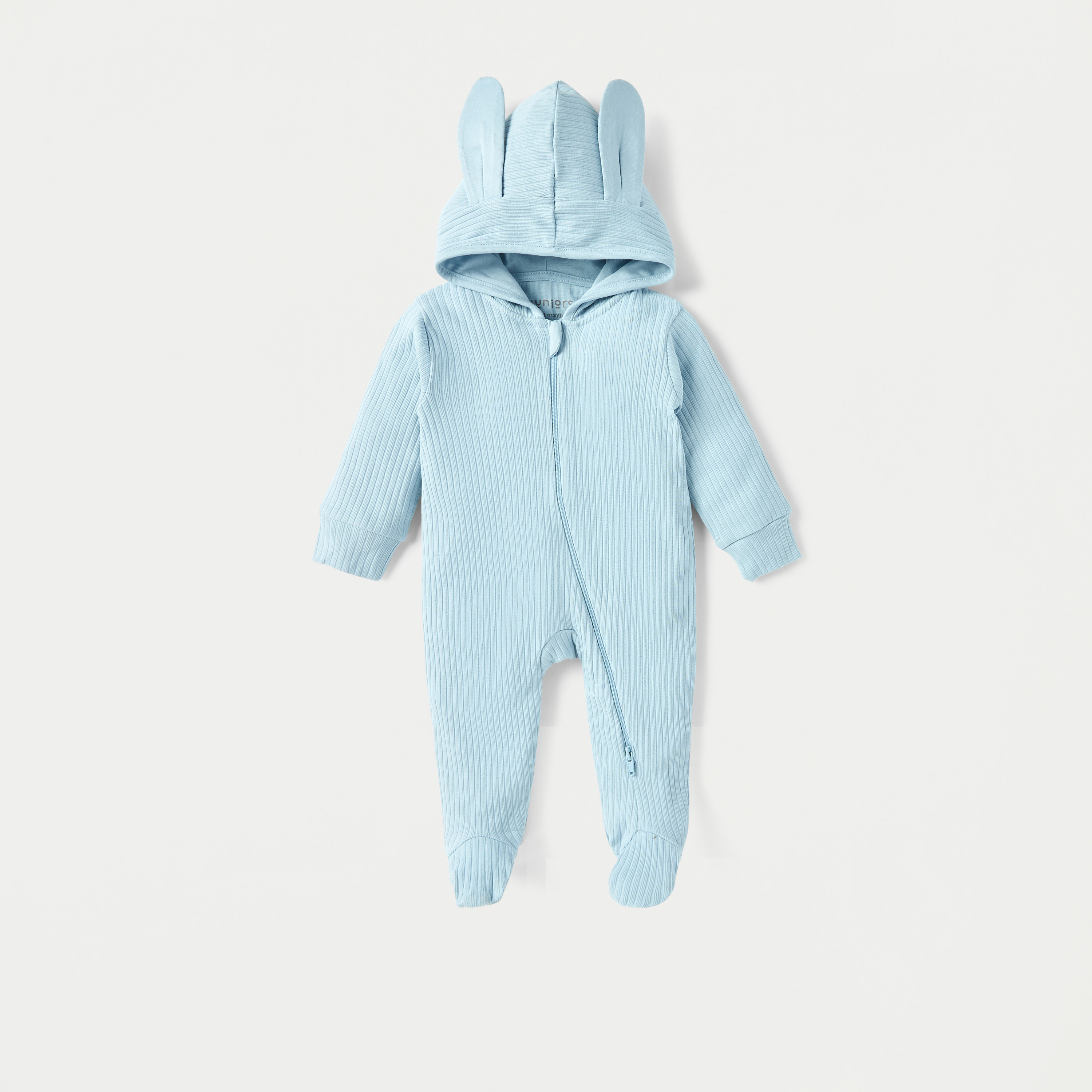 Juniors Ribbed Hooded Closed Feet Sleepsuit with Ear Applique and Zip Closure-baby-boys-clothing-winterwear-sleepsuits-image-1