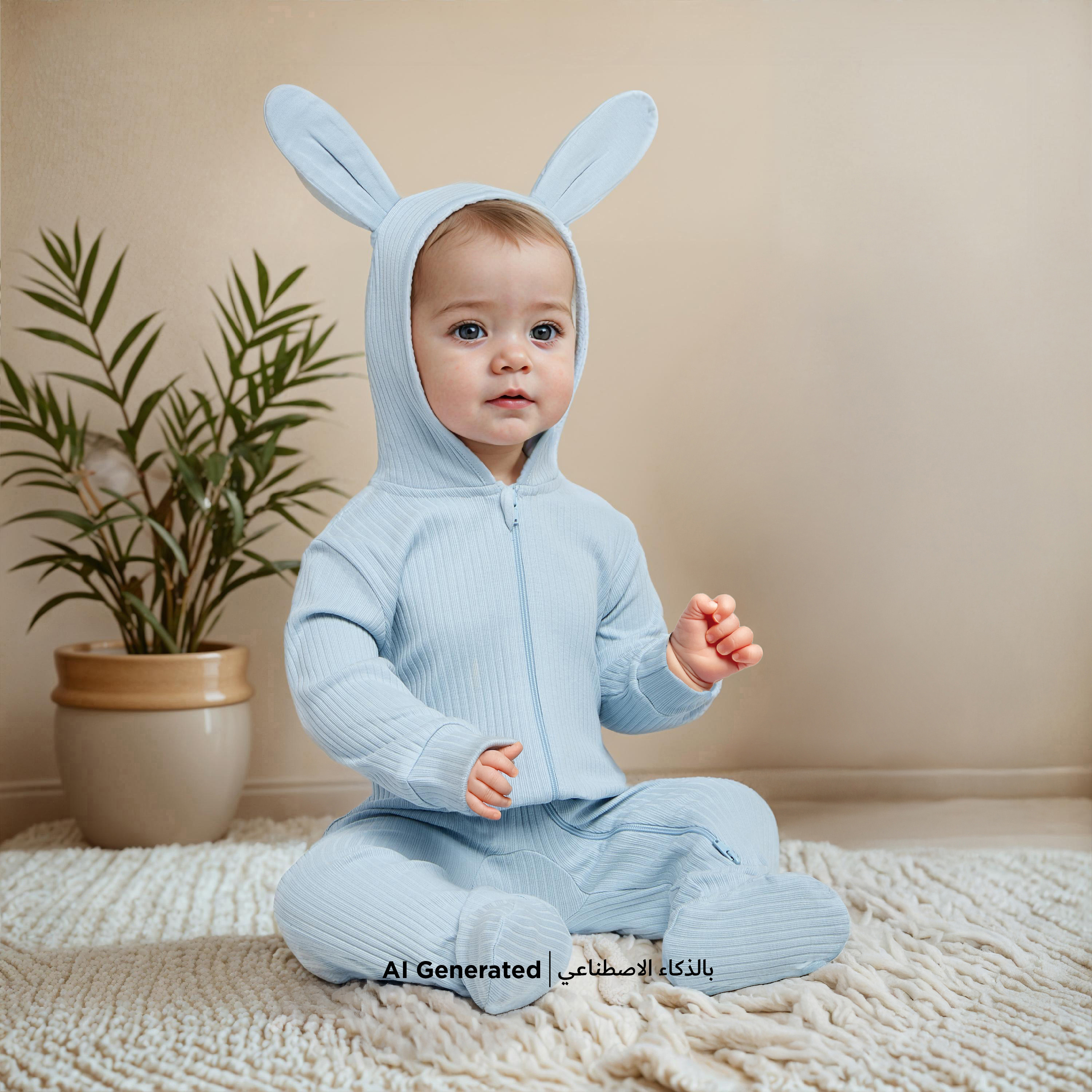 Juniors Ribbed Hooded Closed Feet Sleepsuit with Ear Applique and Zip Closure-baby-boys-clothing-winterwear-sleepsuits-image-5