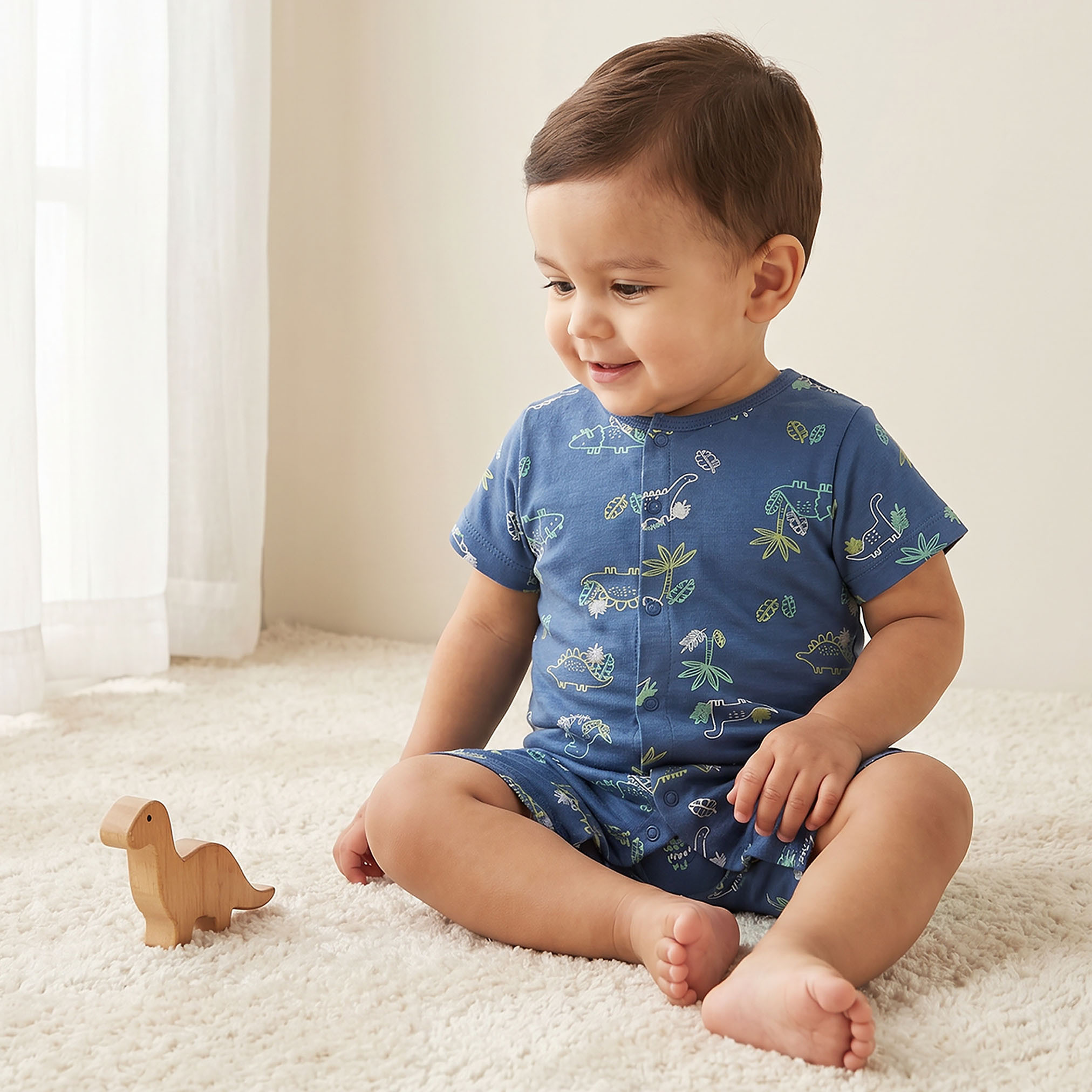 Juniors Round Neck Romper with Dinosaur Print - Cotton - Short Sleeves-baby-boys-clothing-rompers-image-1