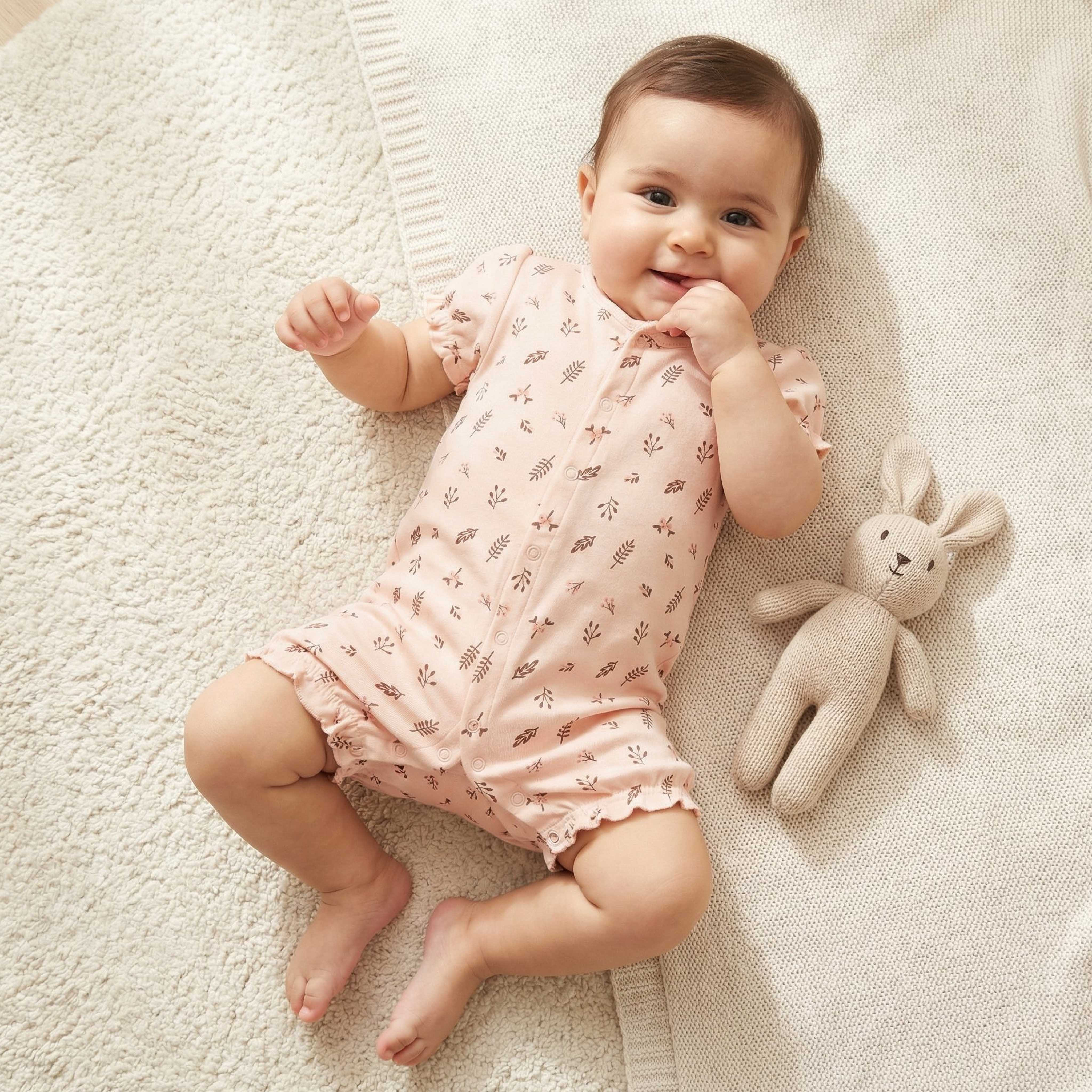 أفرول قطن بياقة مستديرة وأكمام قصيرة وطبعات زهرية من جونيورز-baby-girls-clothing-rompers-image-1