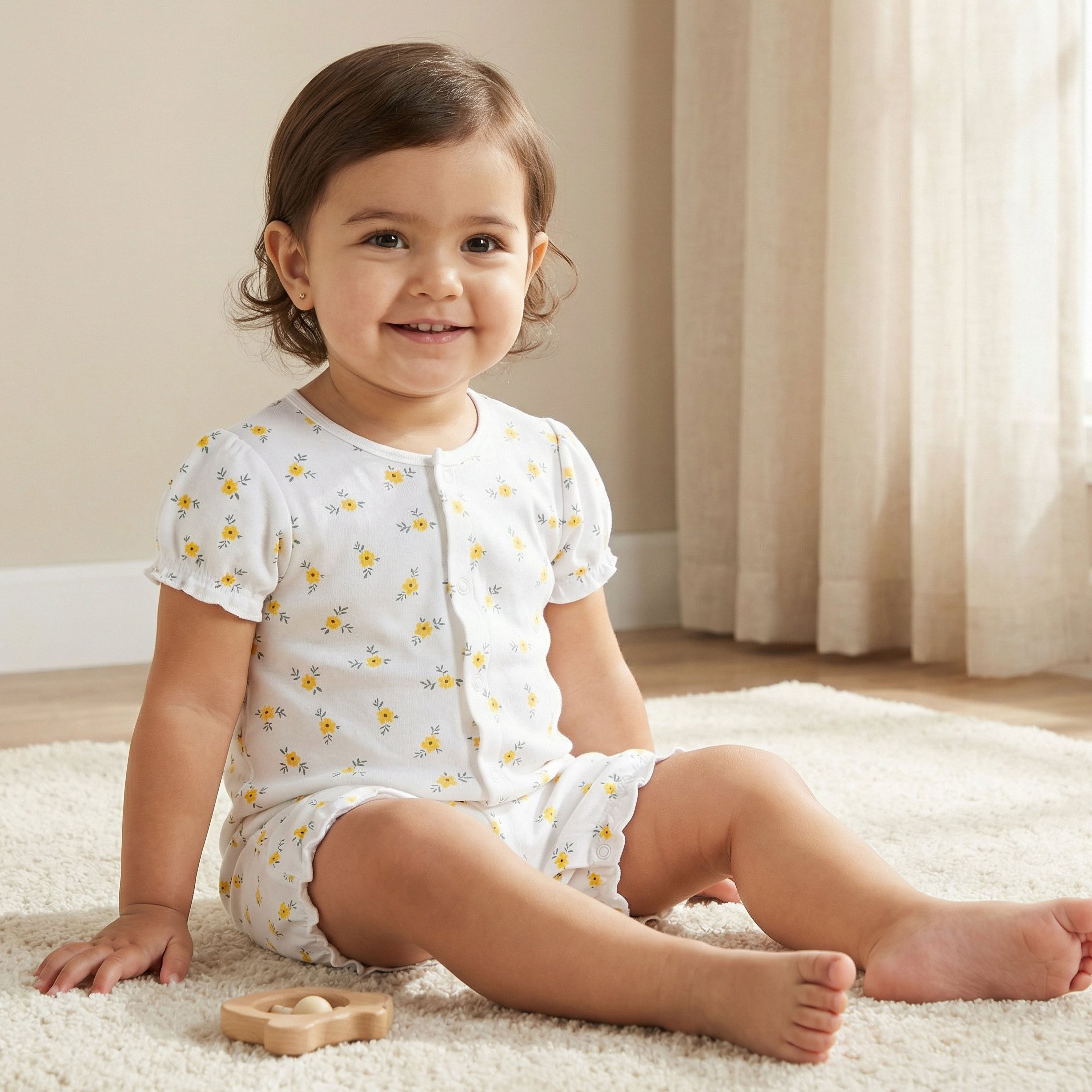 Juniors Round Neck Romper with Floral Print - Cotton - Short Sleeves-baby-girls-clothing-rompers-image-1