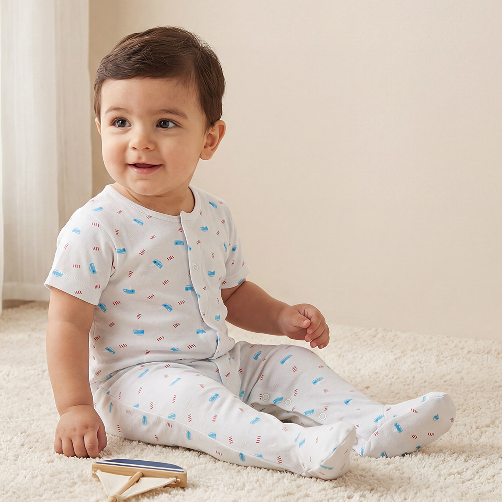 Juniors Round Neck Romper with Nautical Print - Cotton - Short Sleeves-baby-boys-clothing-rompers-image-1
