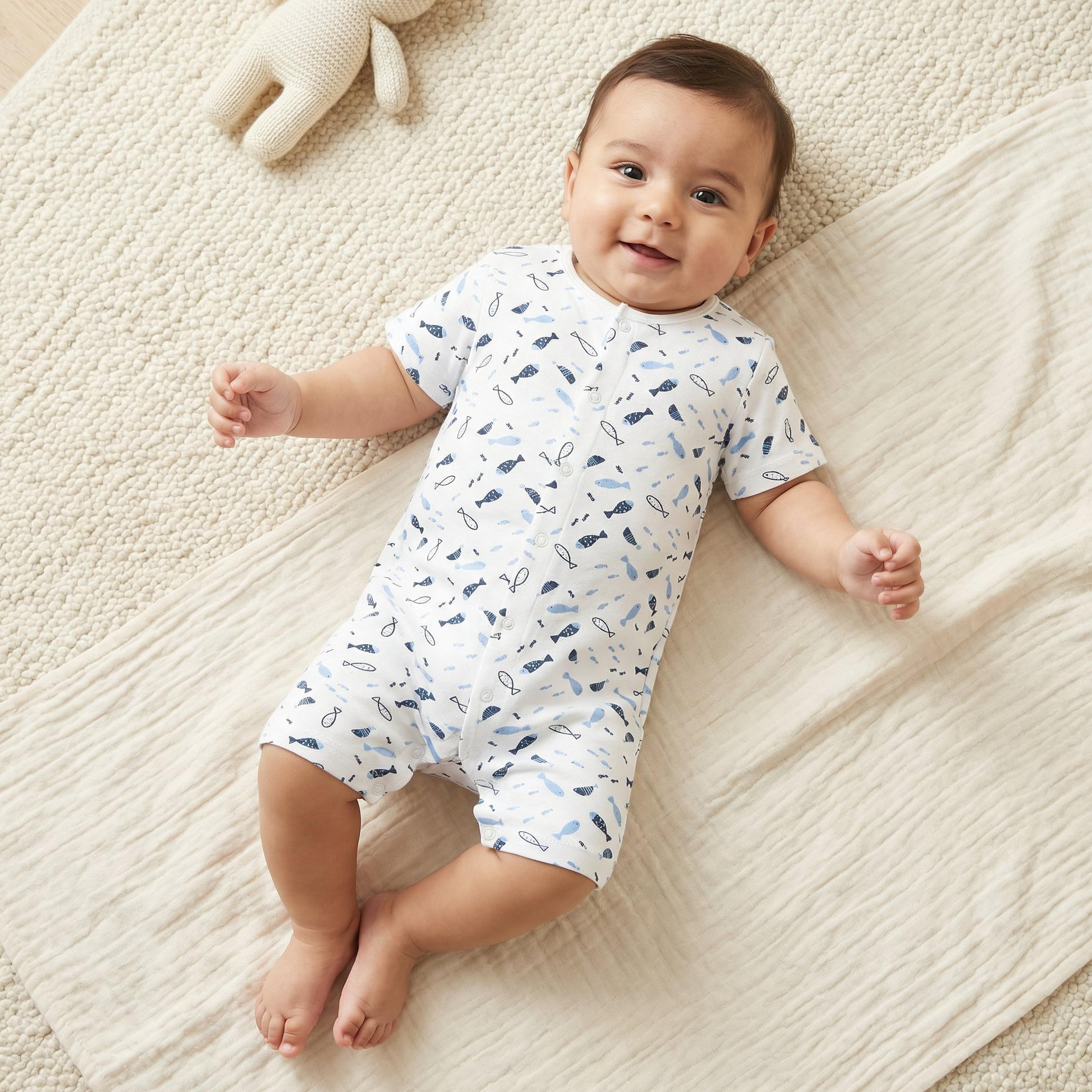 Juniors Round Neck Romper with Fish Print - Cotton - Short Sleeves-baby-boys-clothing-rompers-image-1