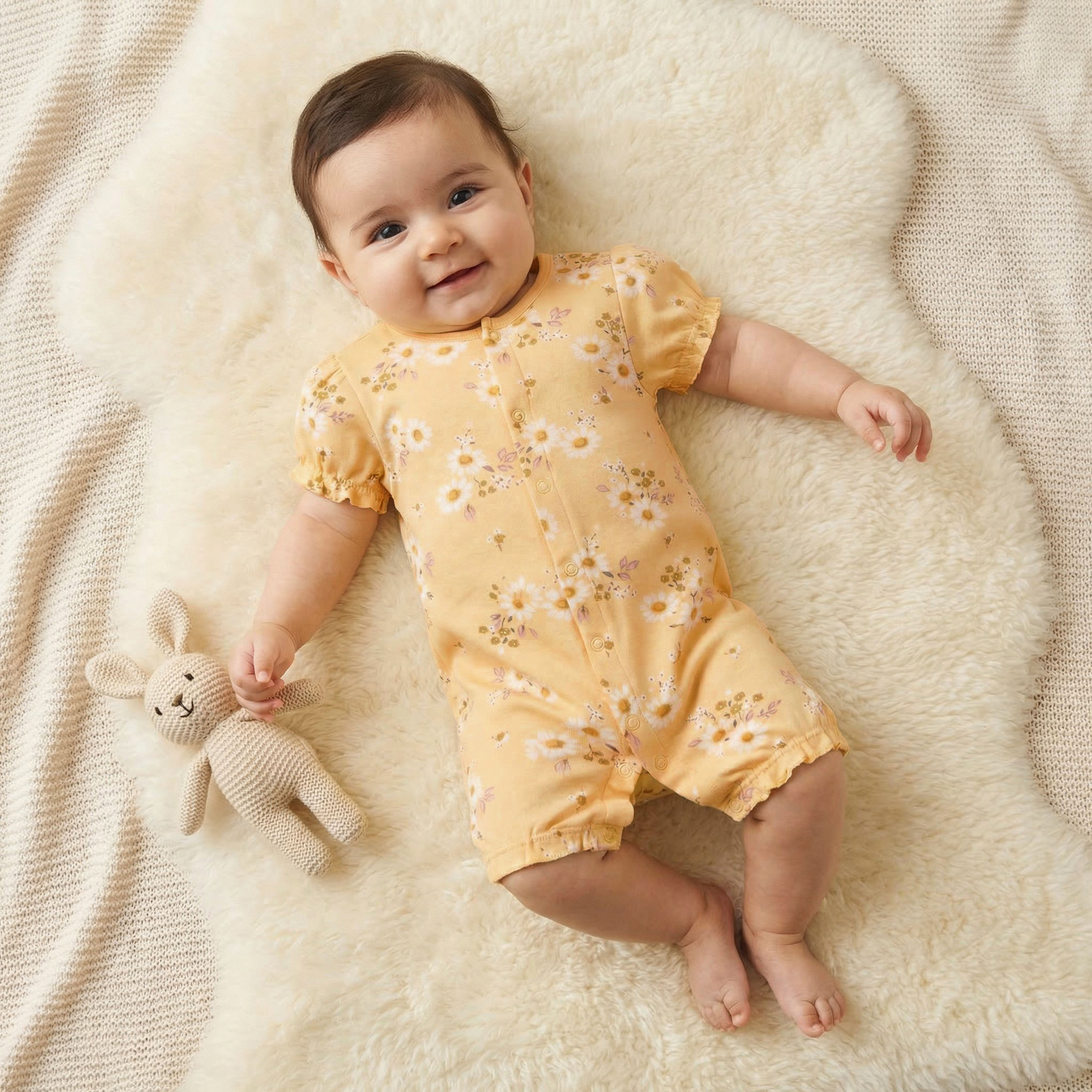 Juniors Round Neck Romper with Daisy Print - Cotton - Short Sleeves-baby-girls-clothing-rompers-image-1