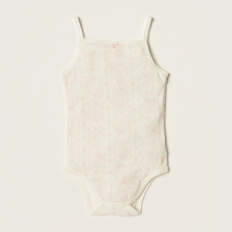 Giggles All-Over Printed Sleeveless Bodysuit with Bow Applique