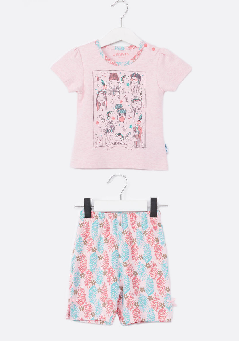 Juniors Printed Round Neck T-shirt with Shorts-Pyjama Sets-image-0