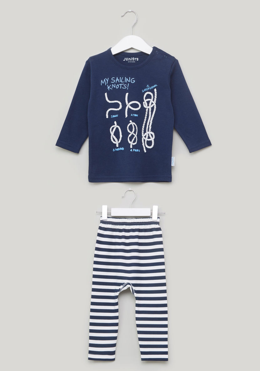 Juniors Printed Long Sleeves T-shirt and Striped Pyjama Set-Pyjama Sets-image-0