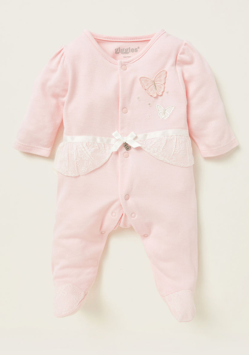 Giggles Butterfly Applique Detail Closed Feet Sleepsuit-Sleepsuits-image-0