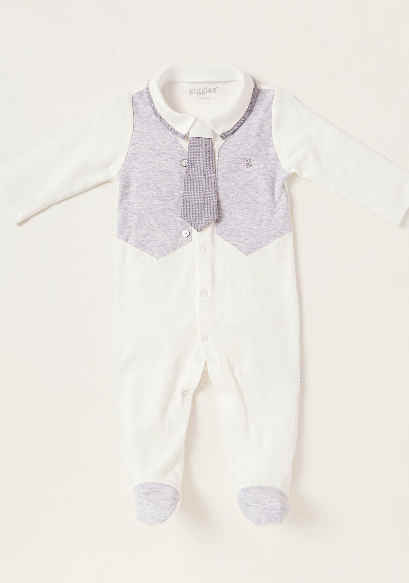 Giggles Solid Closed Feet Sleepsuit with Neck Tie and Long Sleeves-Sleepsuits-image-0