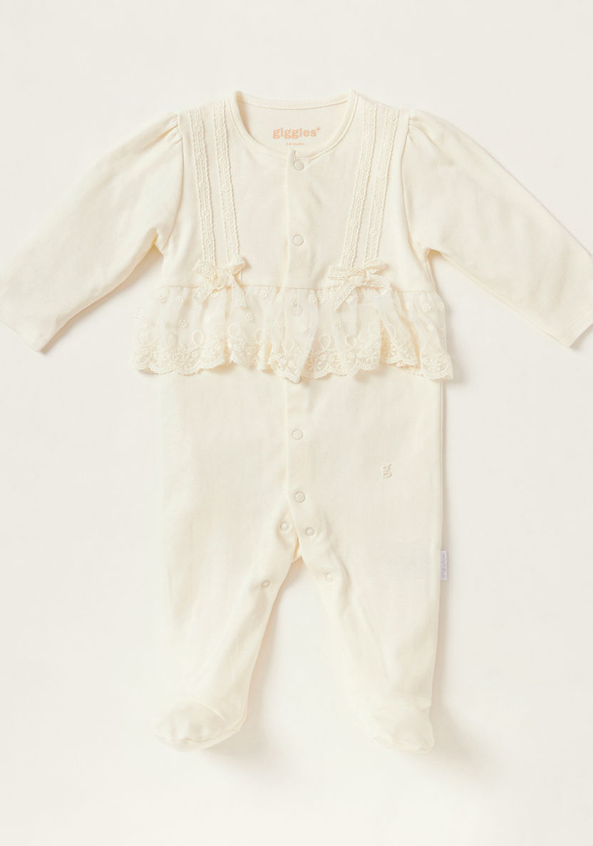 Giggles Solid Closed Feet Sleepsuit with Bow Accent and Long Sleeves-Sleepsuits-image-0