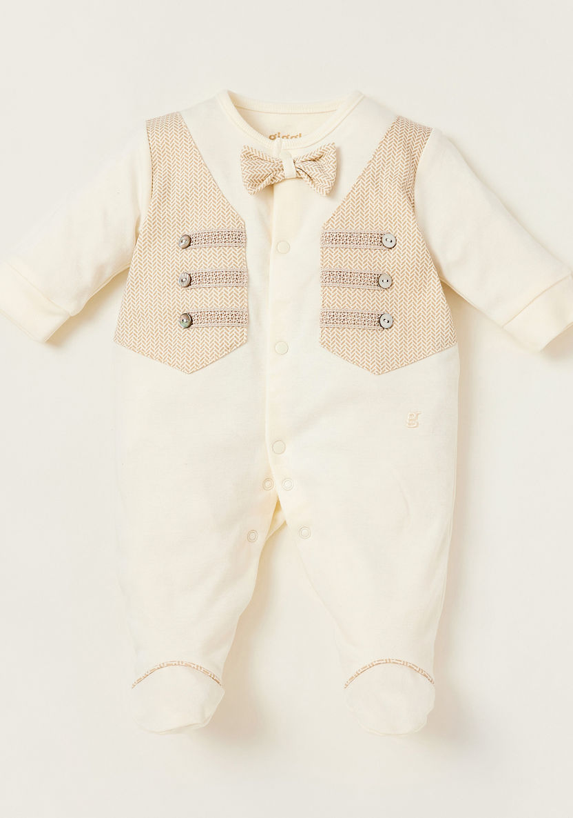 Giggles Panelled Closed Feet Sleepsuit with Bow Accent and Round Neck-Sleepsuits-image-0