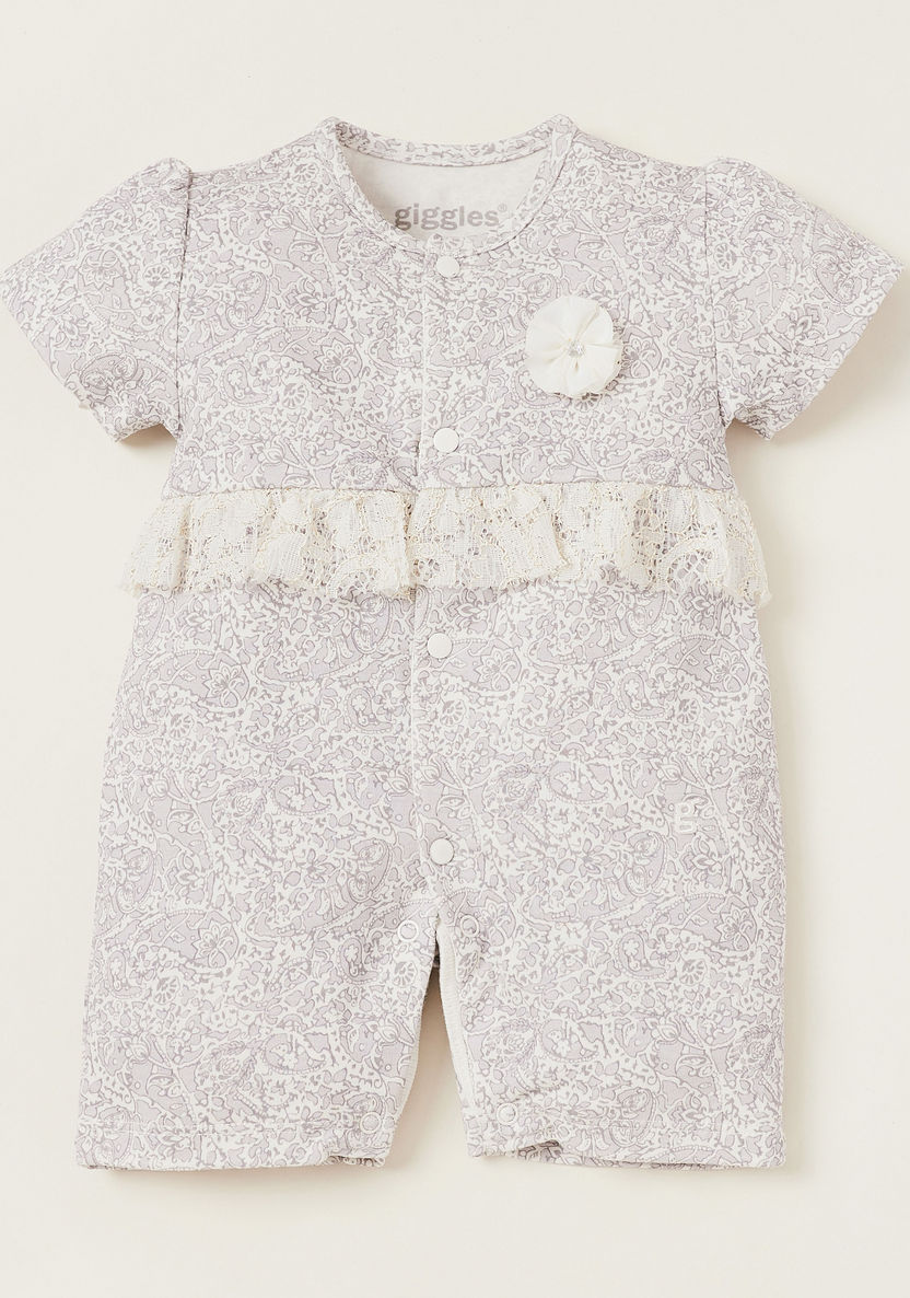 Giggles Printed Romper with Lace Accent and Snap Button Closure-Rompers%2C Dungarees and Jumpsuits-image-0