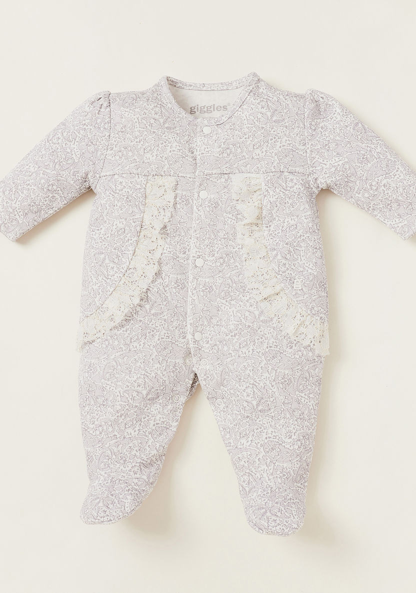 Giggles Printed Closed Feet Sleepsuit with Lace Accent and Round Neck-Sleepsuits-image-0