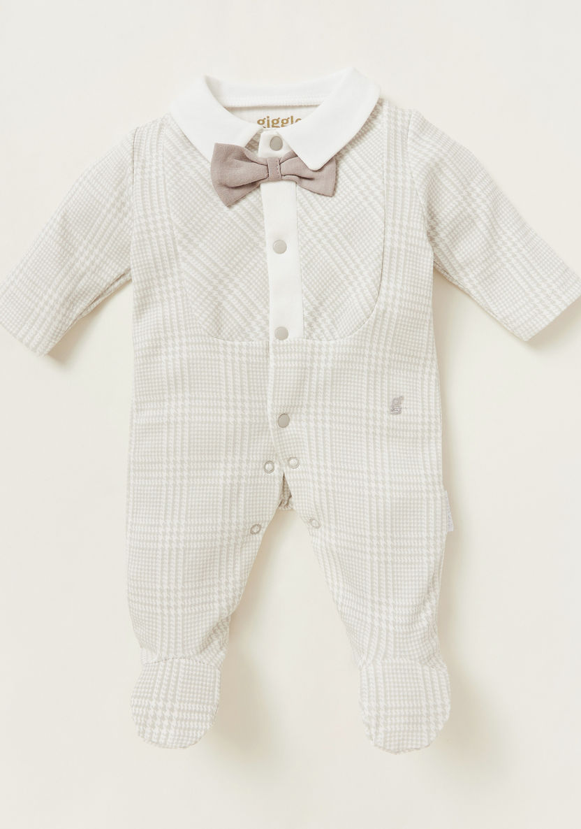 Giggles Chequered Closed Feet Sleepsuit with Bow Applique-Sleepsuits-image-0