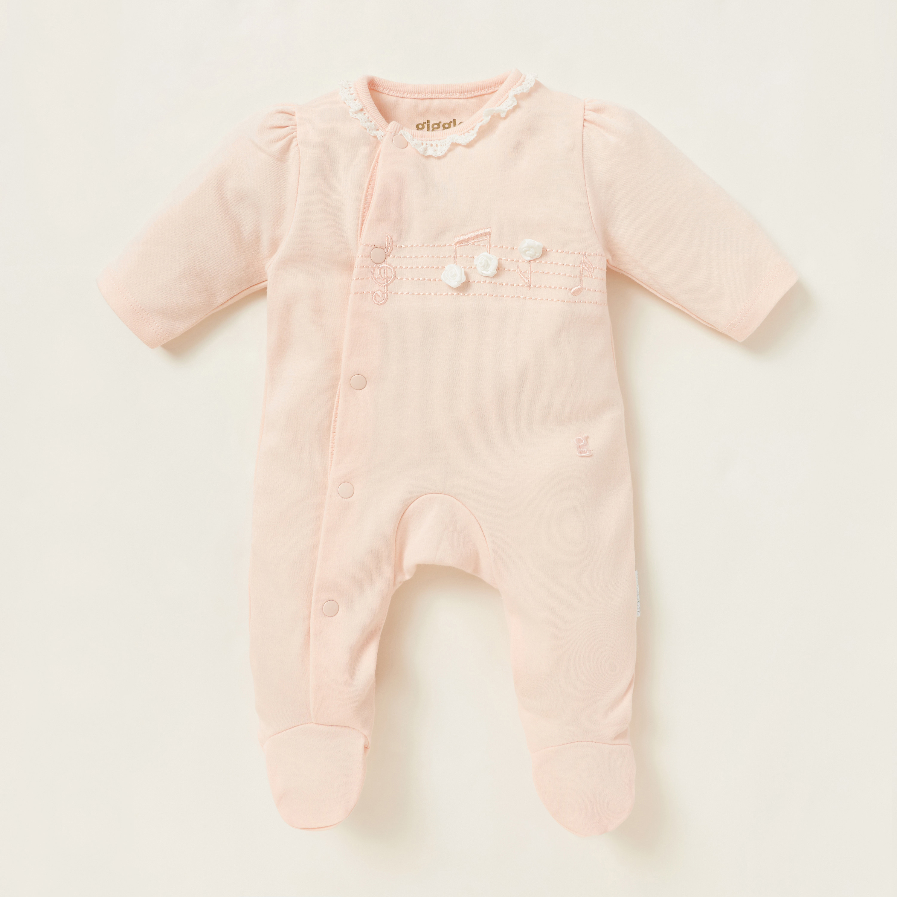 Giggles Applique Detail Closed Feet Sleepsuit with Long Sleeves-baby-girls-clothing-nightwear-sleepsuits-image-1