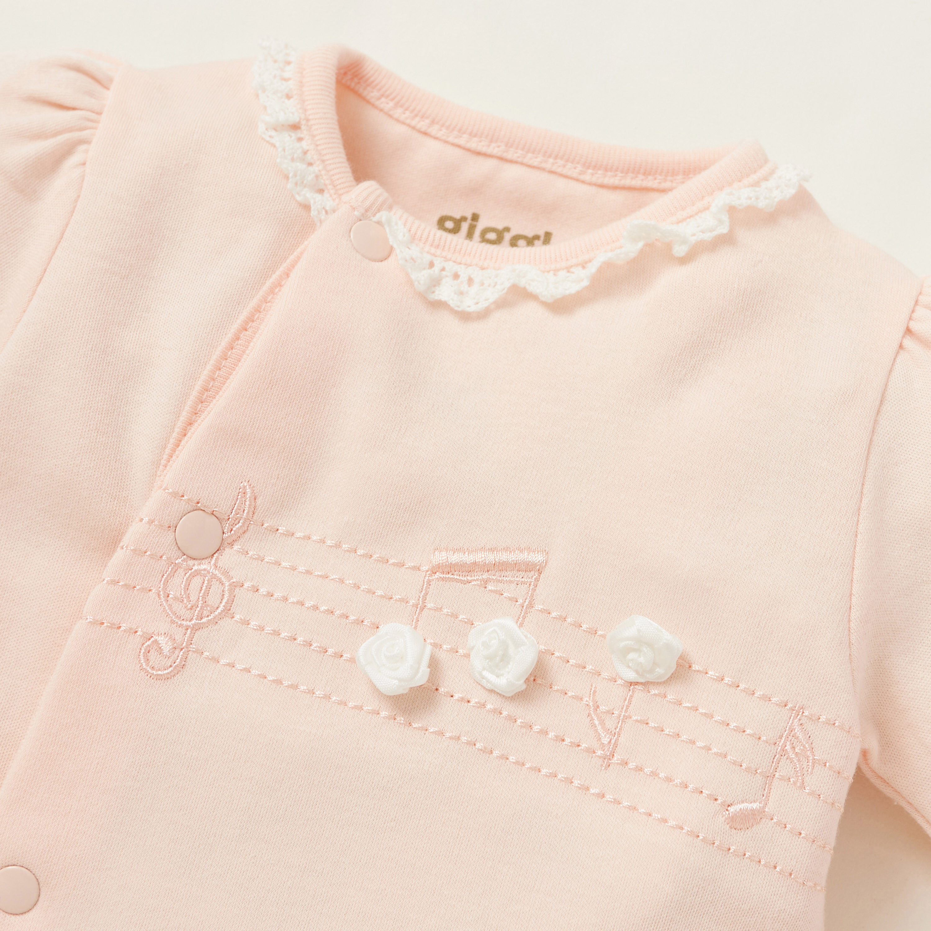 Giggles Applique Detail Closed Feet Sleepsuit with Long Sleeves-baby-girls-clothing-nightwear-sleepsuits-image-2