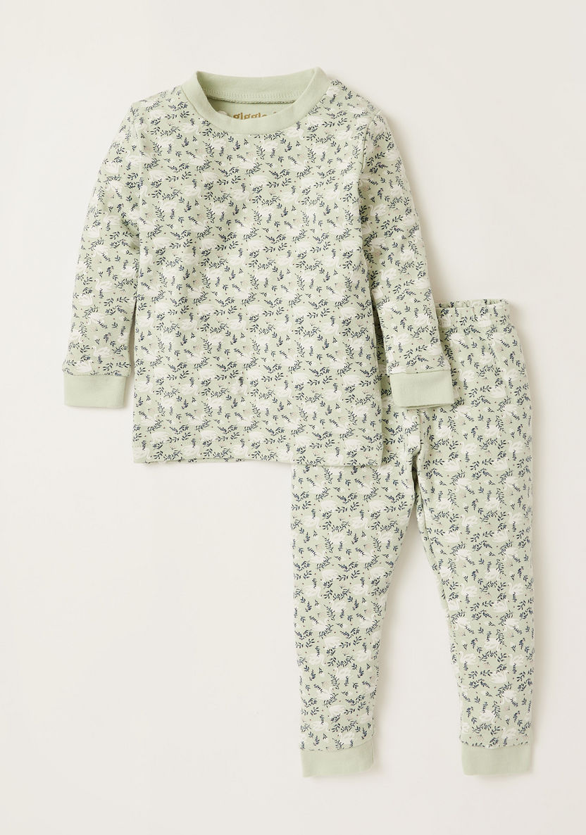 Giggles Floral Print T-shirt and Full Length Pyjama Set-Pyjama Sets-image-0