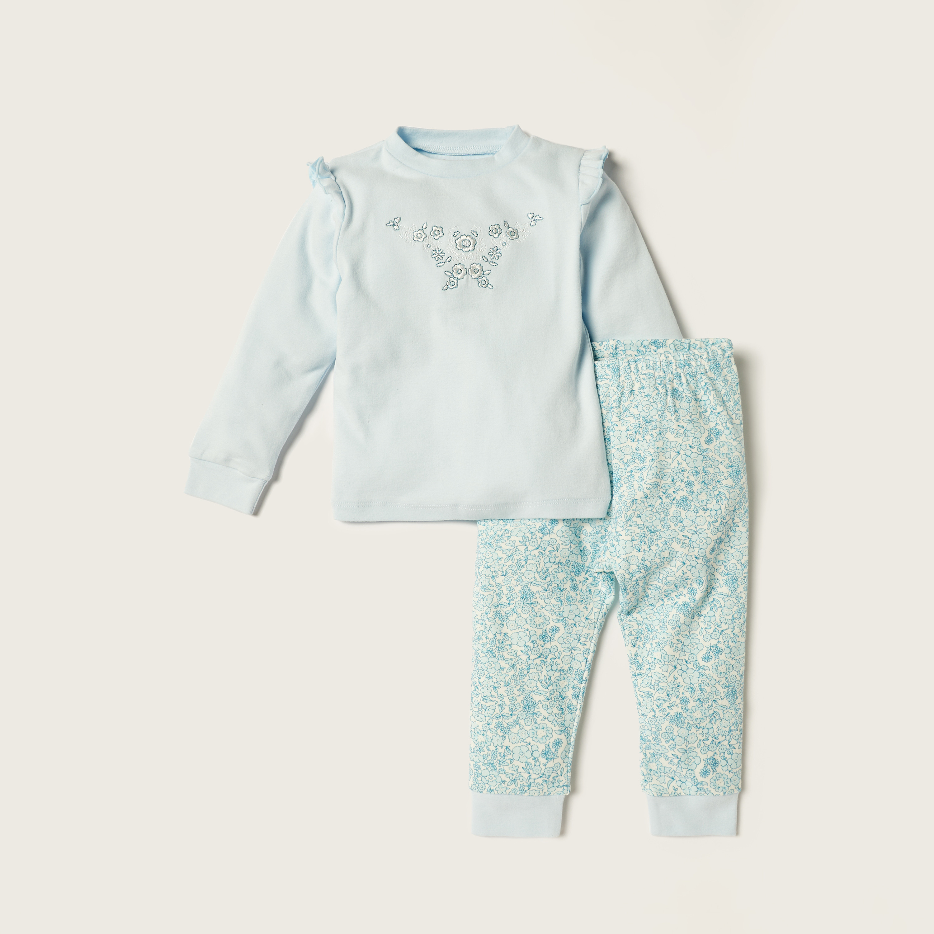 Giggles Floral Printed T-shirt with Ruffles and Pyjama Set-baby-girls-clothing-nightwear-pyjamasets-image-1