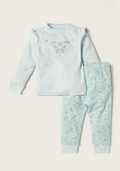 Giggles Floral Printed T-shirt with Ruffles and Pyjama Set-Pyjama Sets-image-0