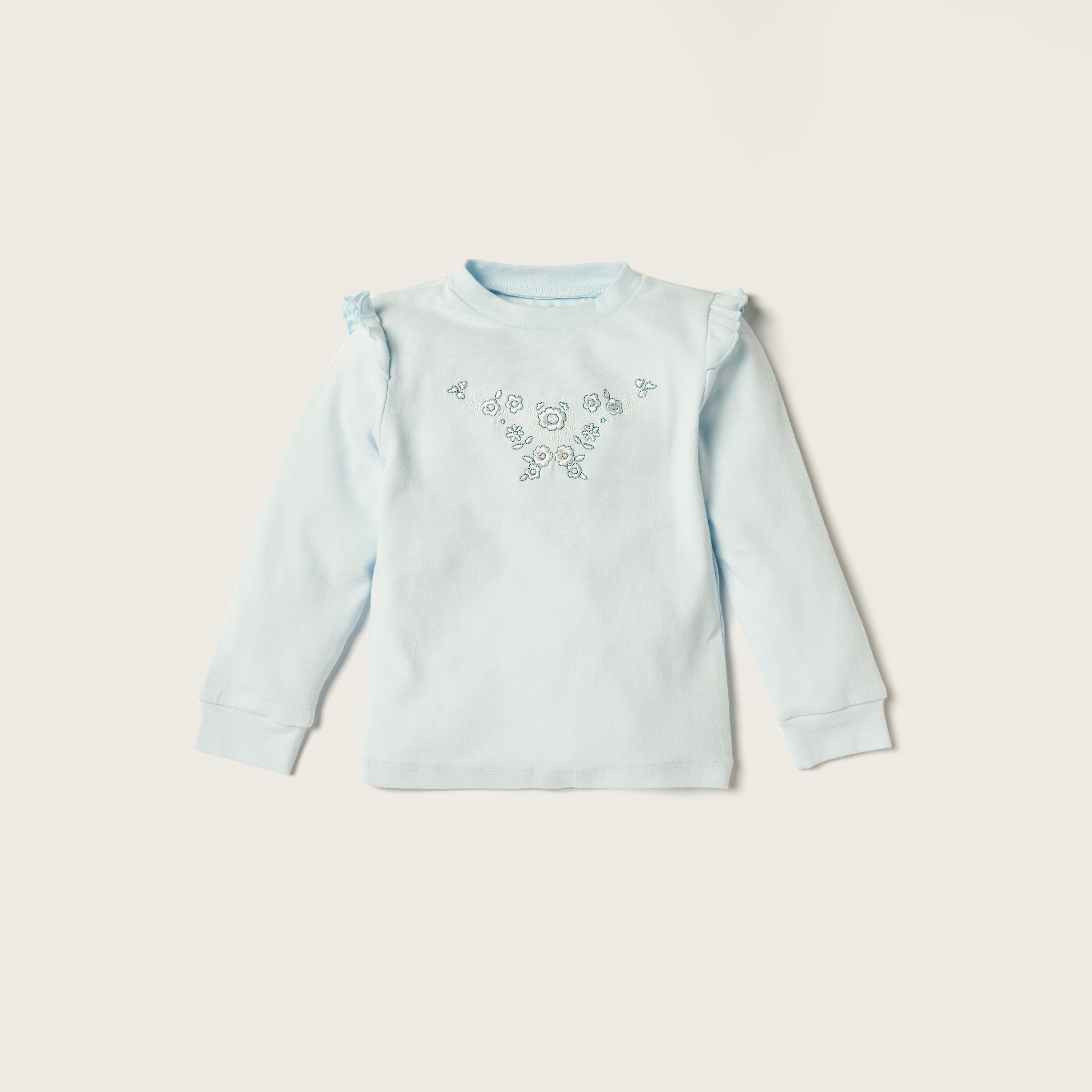 Giggles Floral Printed T-shirt with Ruffles and Pyjama Set-baby-girls-clothing-nightwear-pyjamasets-image-2