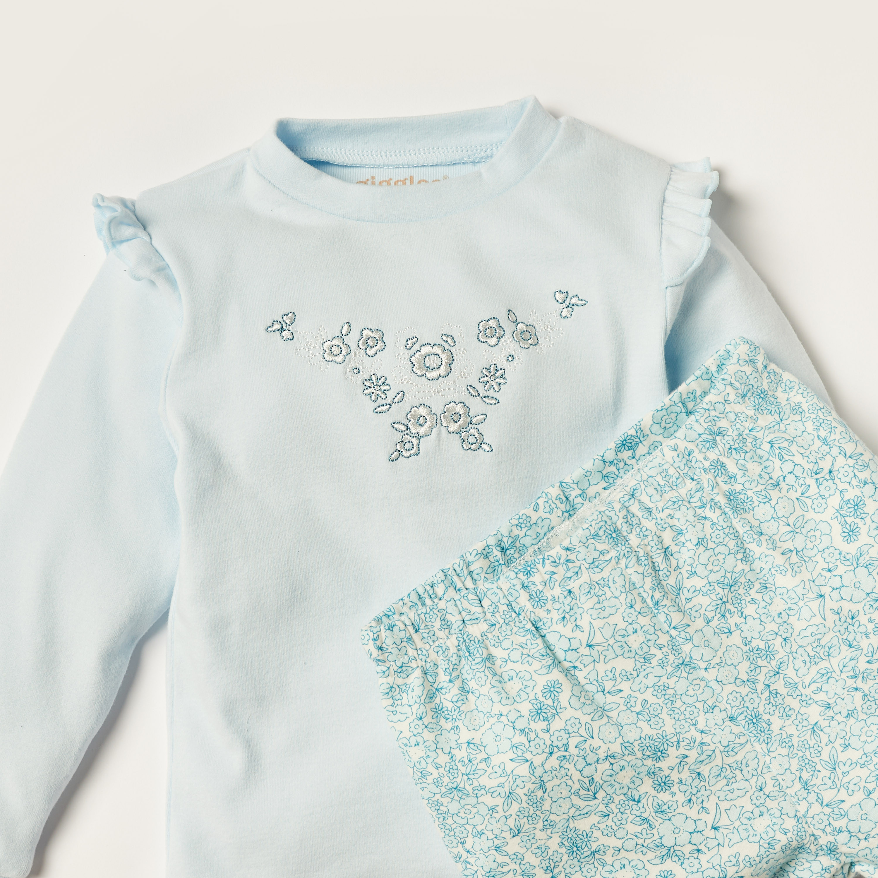 Giggles Floral Printed T-shirt with Ruffles and Pyjama Set-baby-girls-clothing-nightwear-pyjamasets-image-4