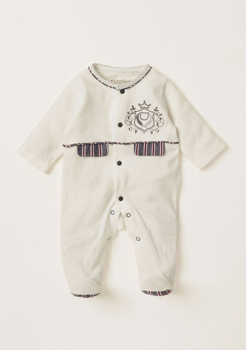 Giggles Textured Romper with Round Neck and Embroidered Detail-Sleepsuits-image-0