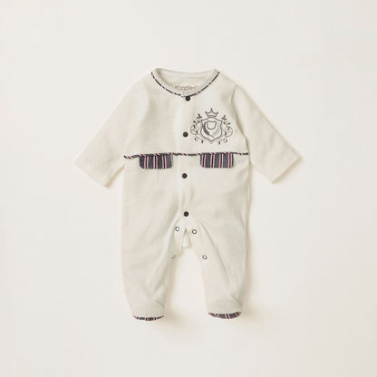 Giggles Textured Romper with Round Neck and Embroidered Detail