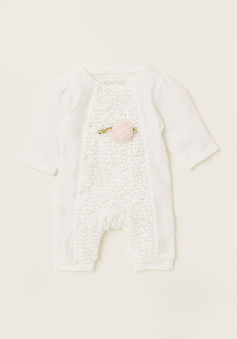 Giggles Textured Open Feet Sleepsuit with Floral Applique Detail-Sleepsuits-image-0