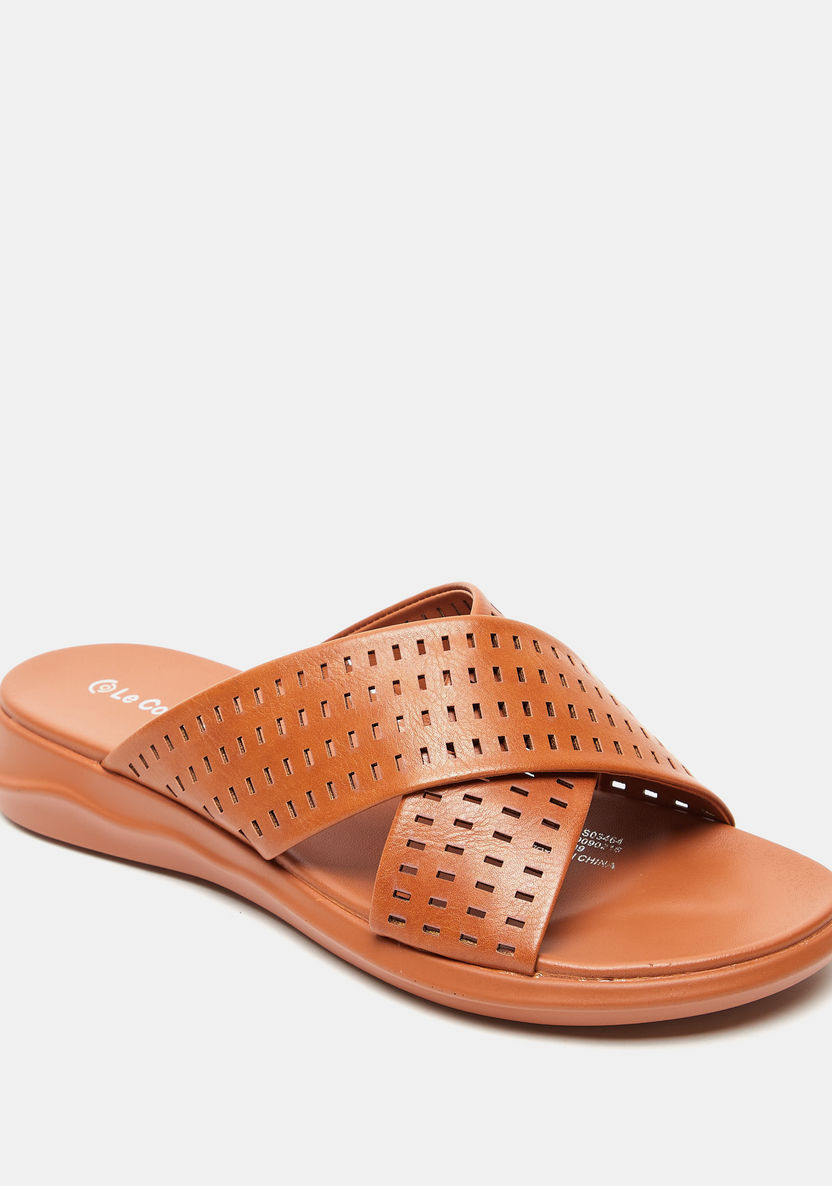 Le Confort Cross Strap Slip-On Sandals with Cutwork Detail-Women%27s Flat Sandals-image-1
